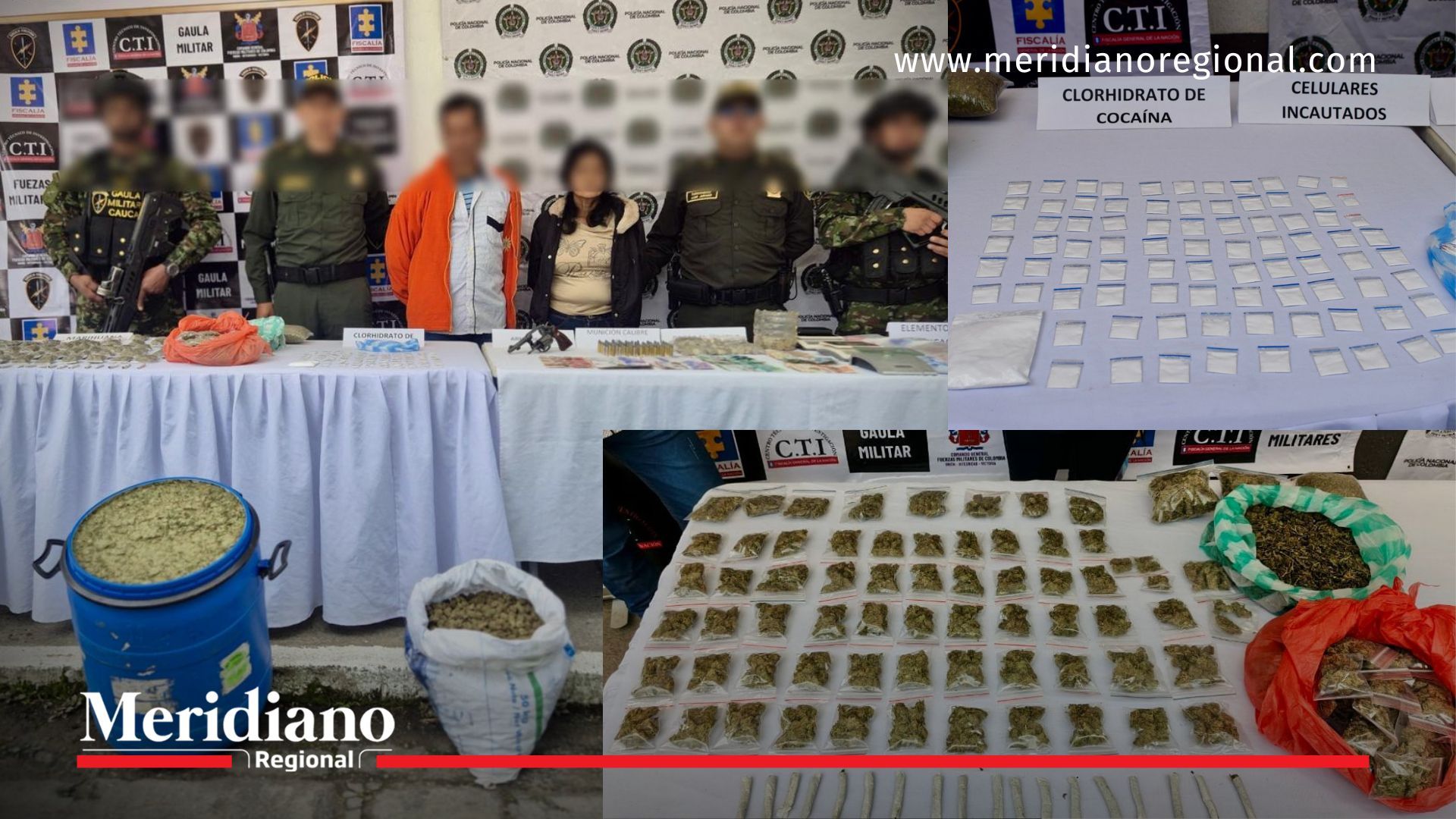 Personas capturadas durante el operativo de la Policía Nacional en Popayán, junto al material incautado, entre droga, armas, munición y dinero en efectivo.