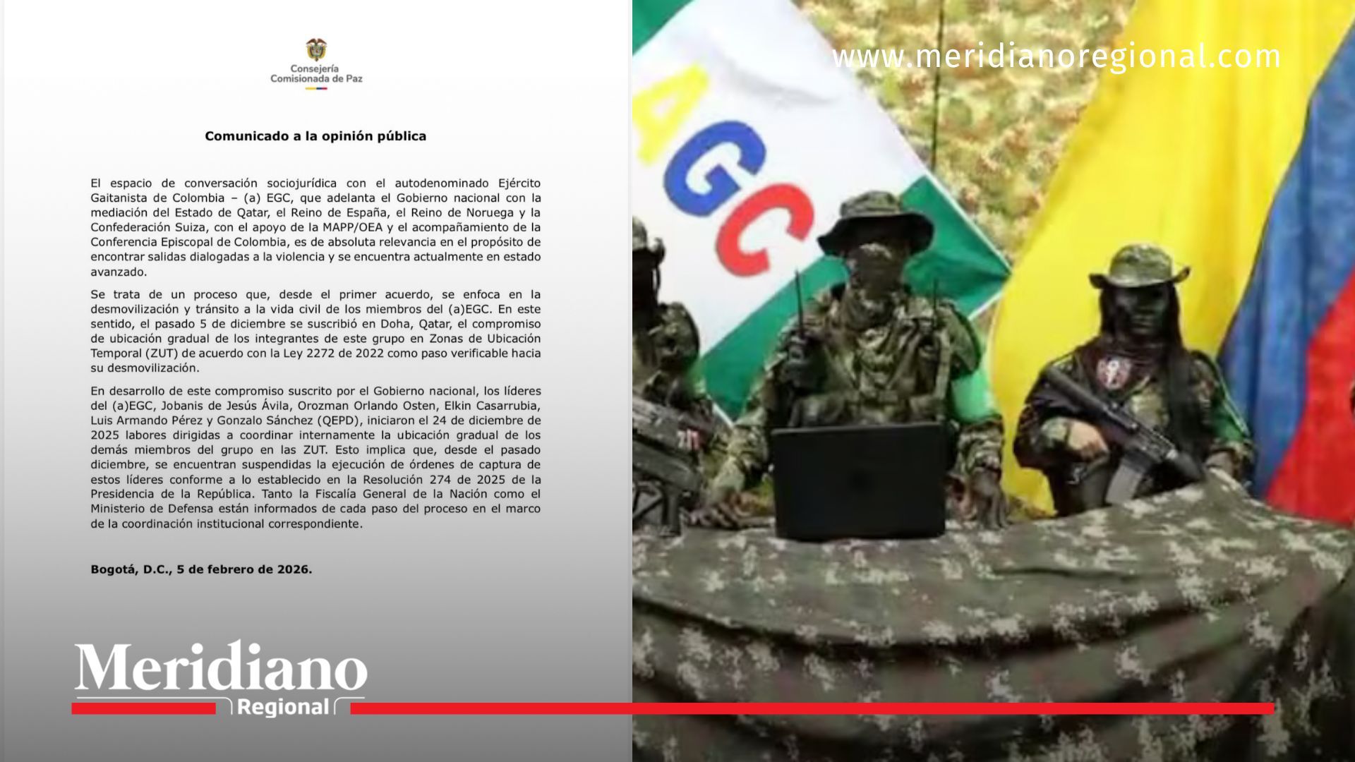 Comunicado oficial de la Consejería Comisionada para la Paz en el que se confirma la suspensión de órdenes de captura contra líderes del Clan del Golfo.