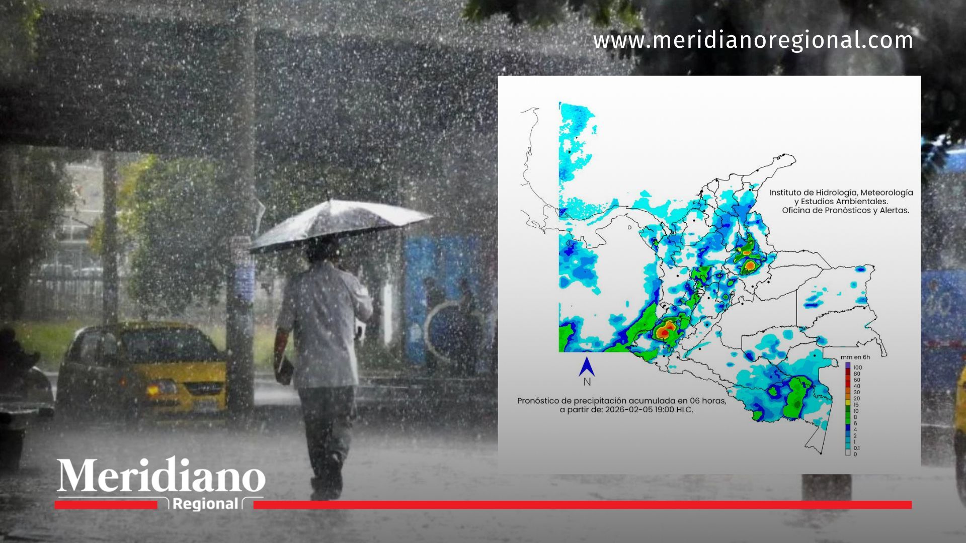 Mapa del IDEAM muestra el pronóstico de precipitaciones acumuladas en Colombia, con lluvias más intensas en el suroccidente del país durante el ingreso del frente frío.