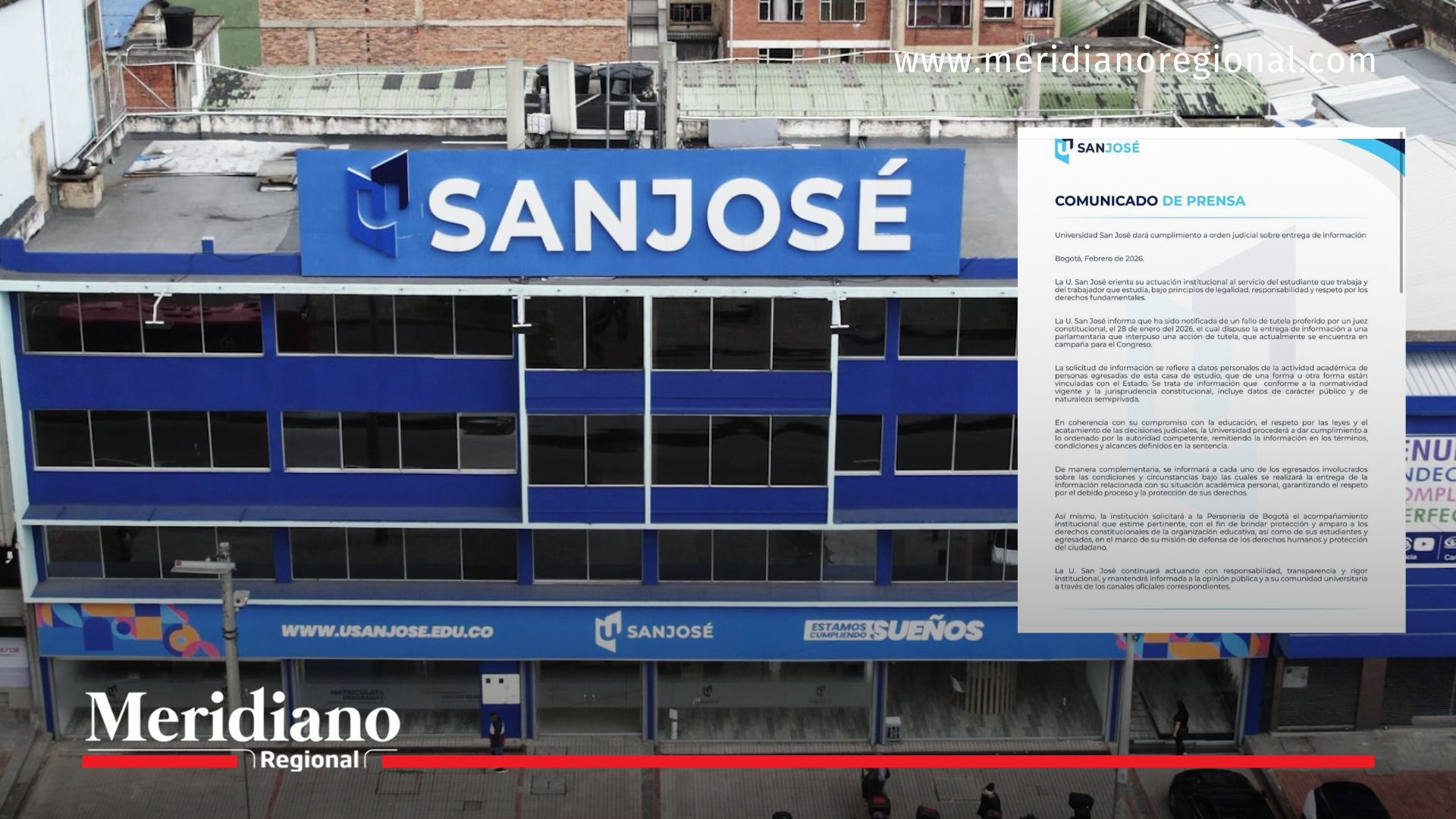 Fachada de la Fundación San José en Bogotá y comunicado oficial en el que la institución confirma que acatará una orden judicial para entregar información académica de egresados vinculados al Estado.
