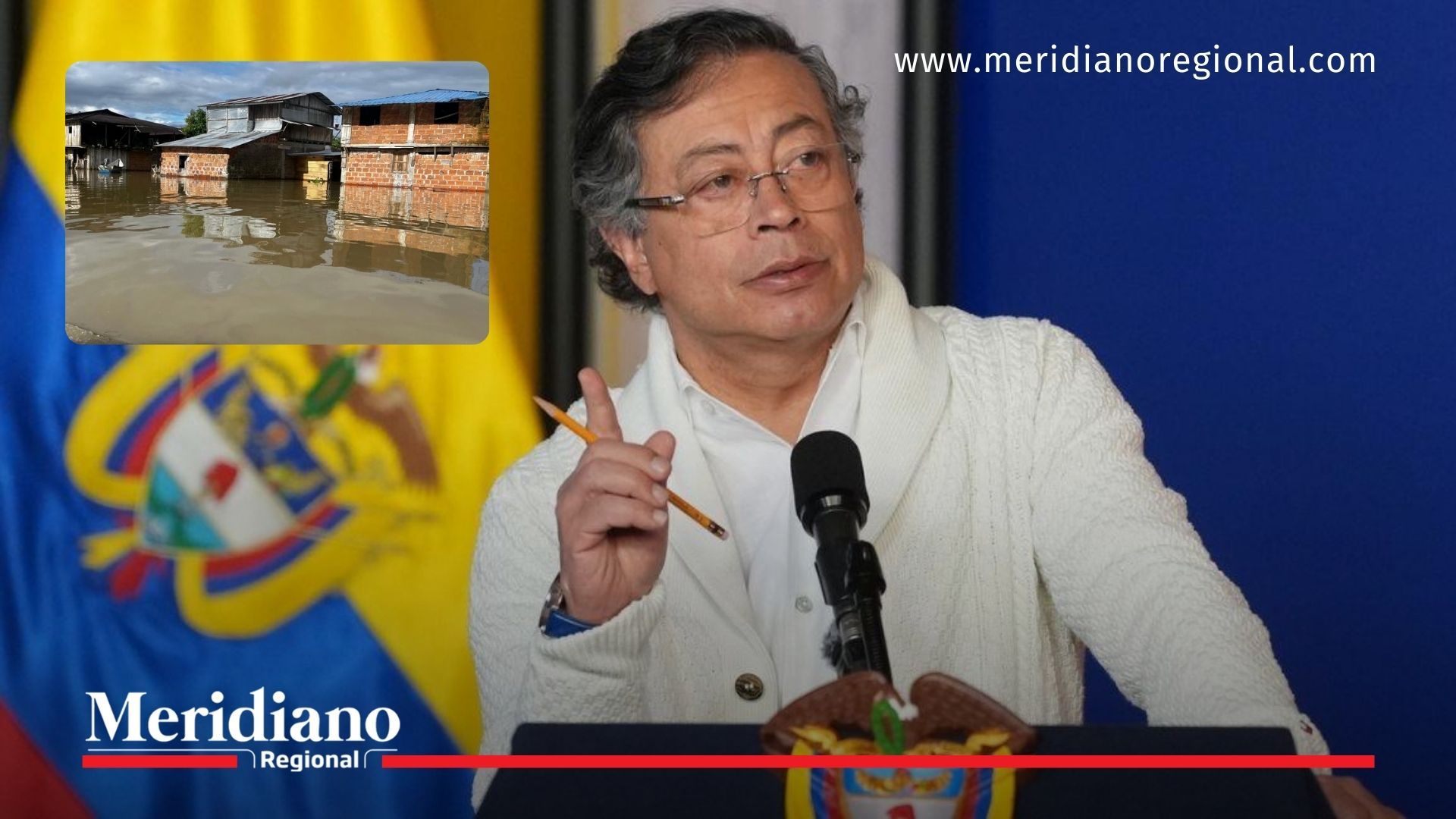 El presidente Gustavo Petro durante un pronunciamiento oficial, mientras imágenes de inundaciones reflejan el impacto de la crisis climática que motivó el anuncio de una emergencia económica en el país.