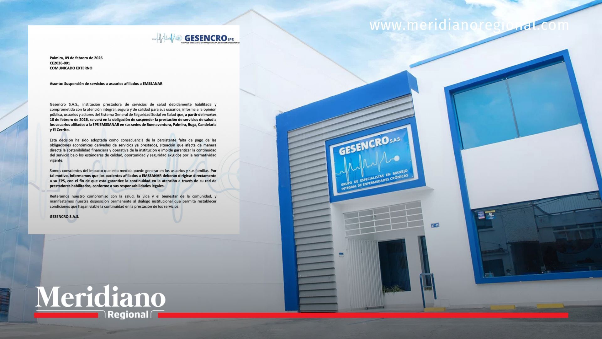 Sede de la GESENCRO en el Valle del Cauca junto al comunicado oficial que anuncia la suspensión de servicios de salud a usuarios afiliados a EMSSANAR, en medio de la crisis financiera del sistema de salud.