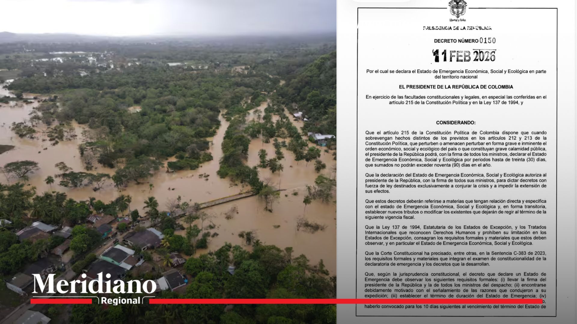 Panorámica de inundaciones en Córdoba tras la crisis de lluvias que llevó al Gobierno a declarar la emergencia económica en Colombia mediante el Decreto 0150 de 2026.