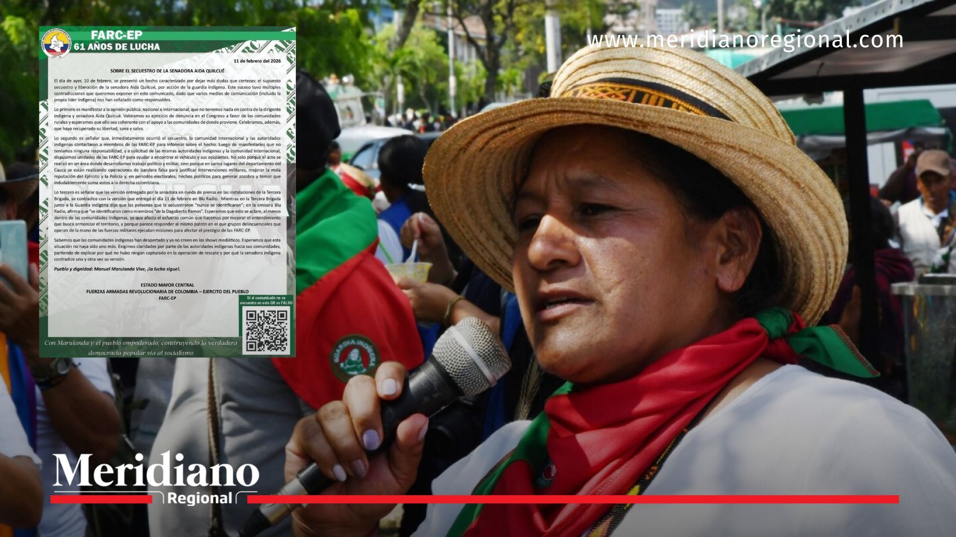 Aída Quilcué durante un evento del CRIC, mientras circula el comunicado de las FARC-EP que niega responsabilidad en el secuestro Aída Quilcué.