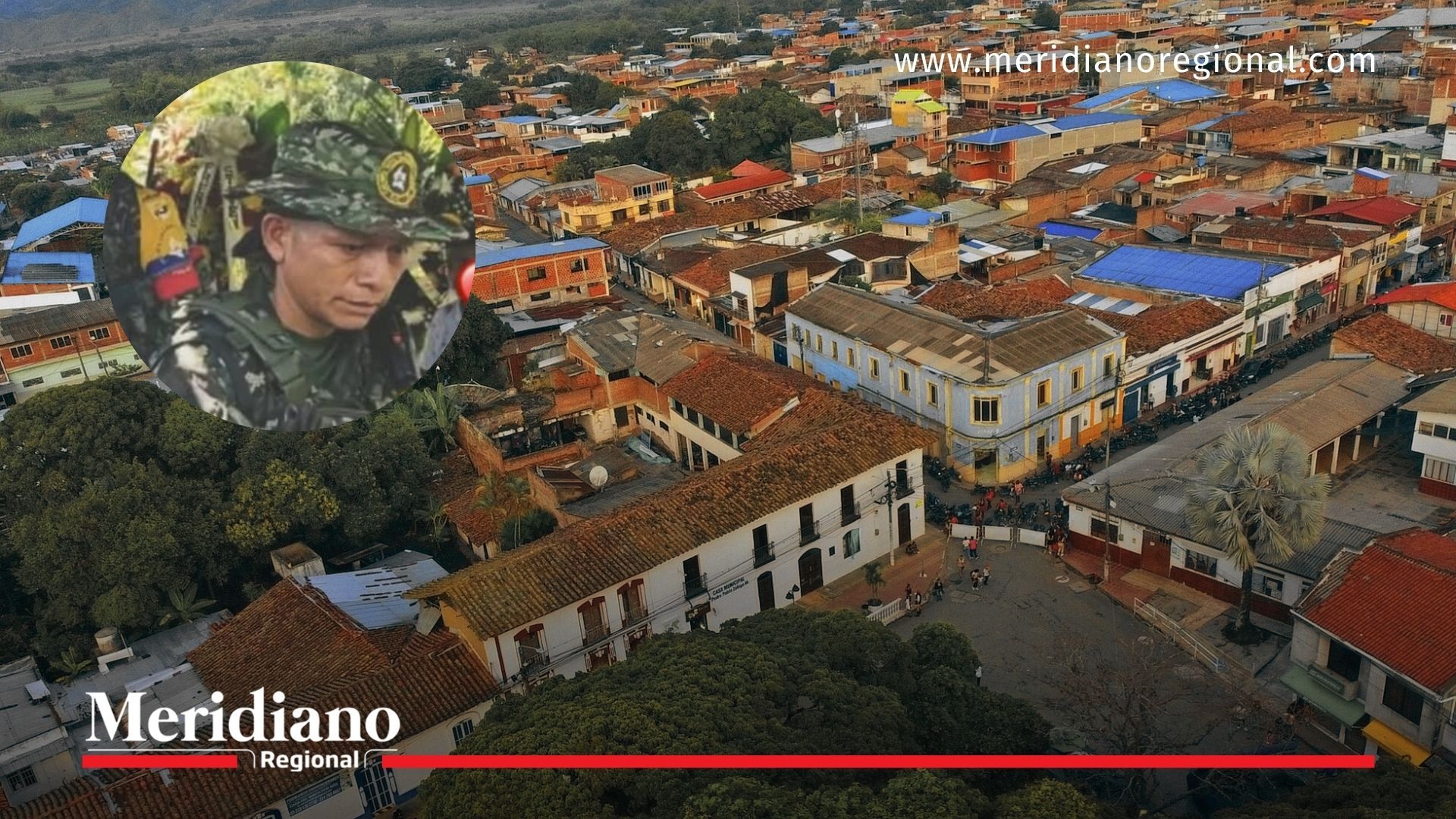 Imagen del centro de Corinto, Cauca, con fotografía sobrepuesta de alias Whisky, presunto cabecilla abatido durante operación militar.