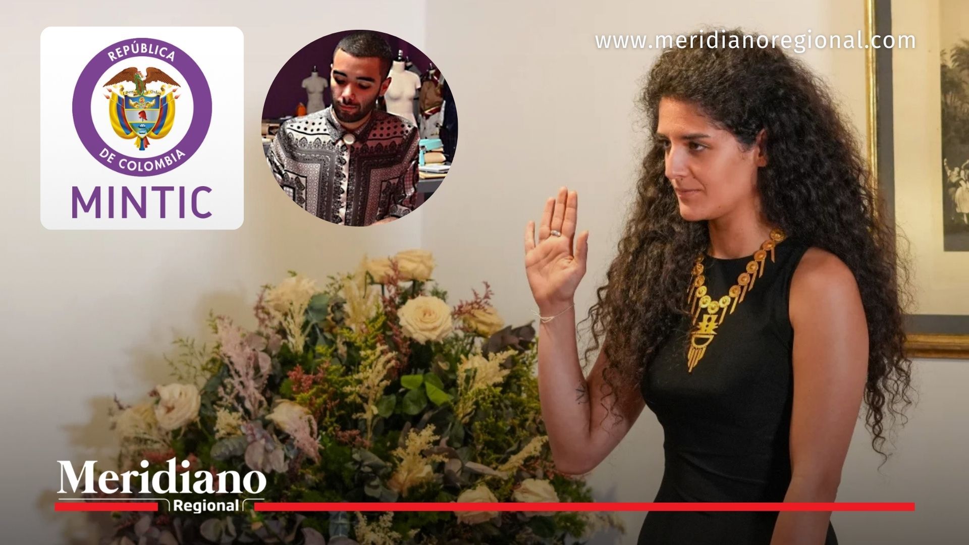 La ministra de Cultura en acto de juramentación. La imagen incluye referencia al Ministerio TIC y a su hermano, en el contexto del debate por contratos Estado antes de la Ley de Garantías.