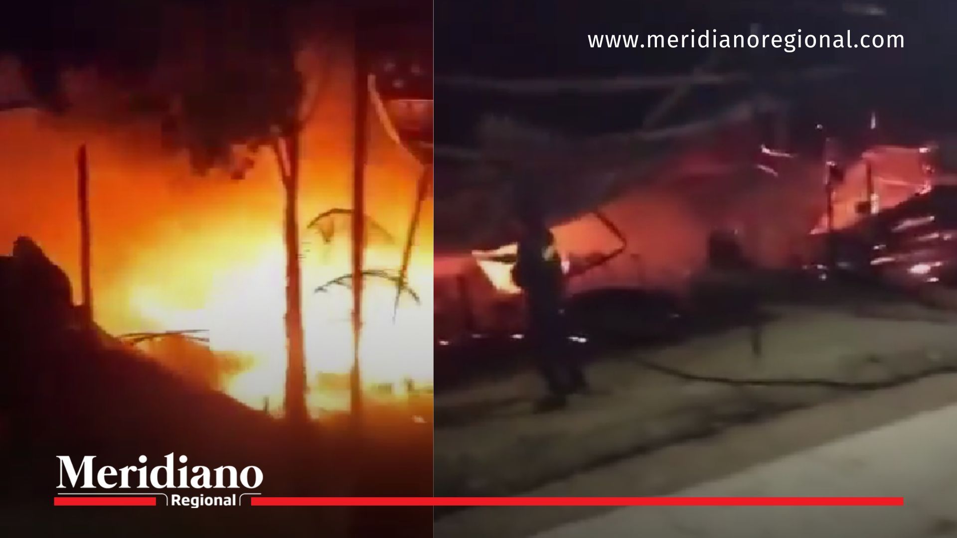 Llamas del incendio Altamira consumiendo locales comerciales en la variante de Altamira Huila durante la noche.