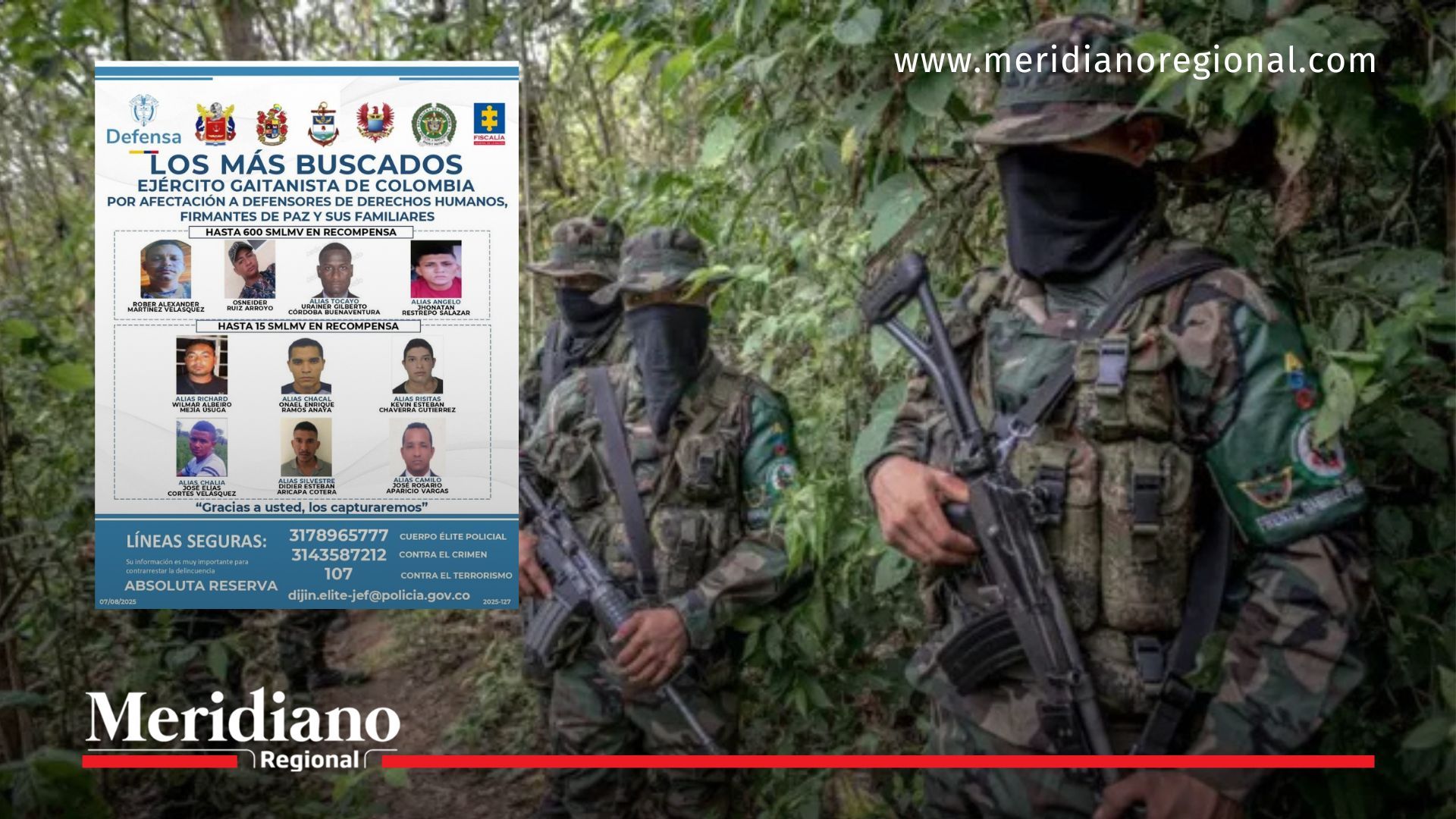 Cartel de los más buscados del Ejército Gaitanista de Colombia, publicado en el marco de la Operación Themis 2026 con recompensas de hasta 600 SMLMV.