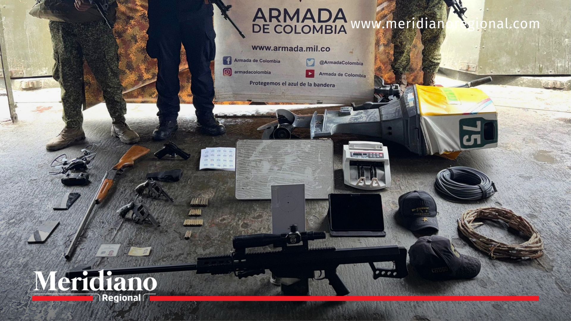 Material de guerra, munición y equipos tecnológicos incautados durante el operativo conjunto en López de Micay, Cauca.