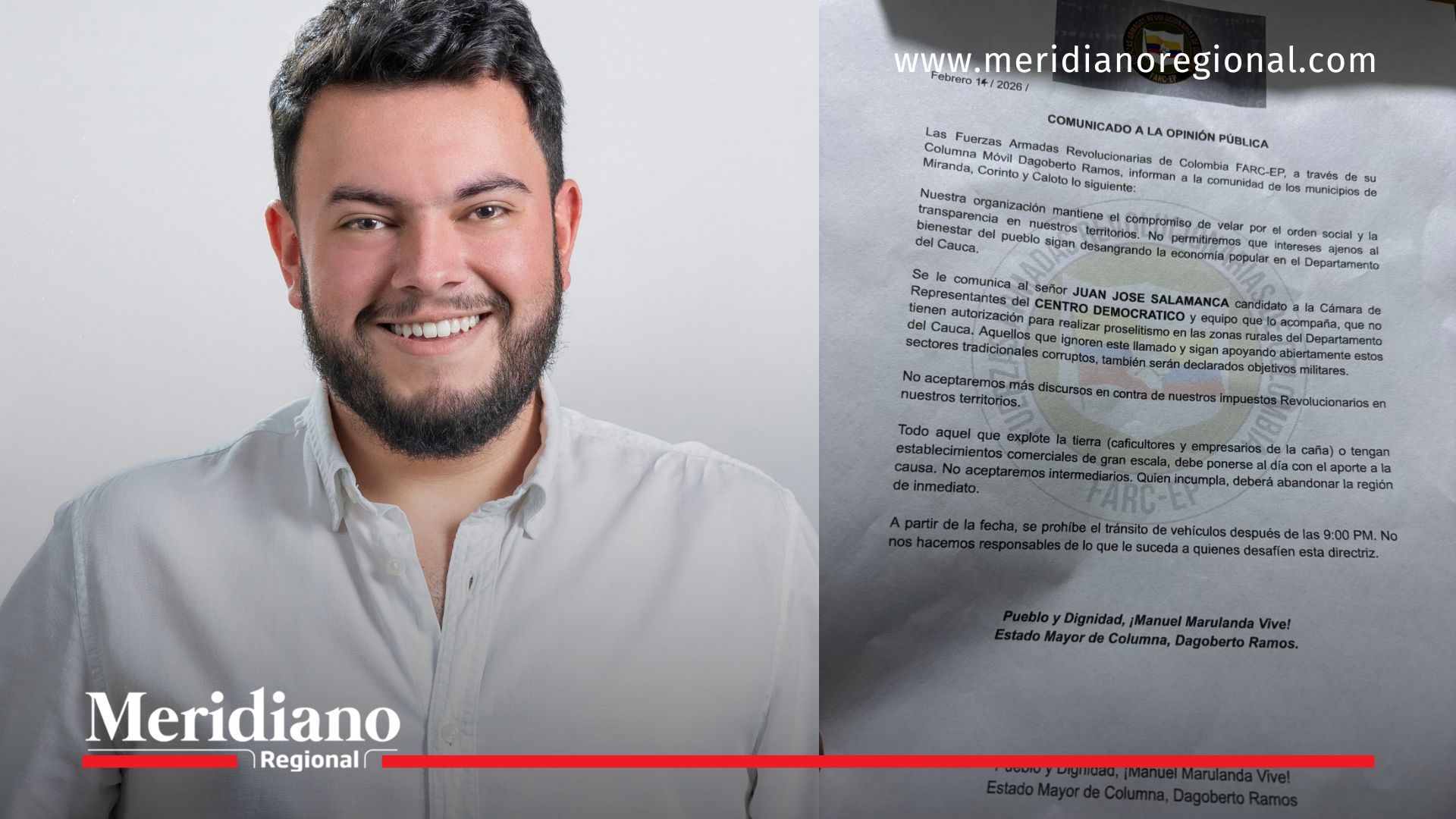 Juan José Salamanca junto a panfleto con amenazas Farc Cauca contra candidato Cámara Cauca en Miranda, Corinto y Caloto.