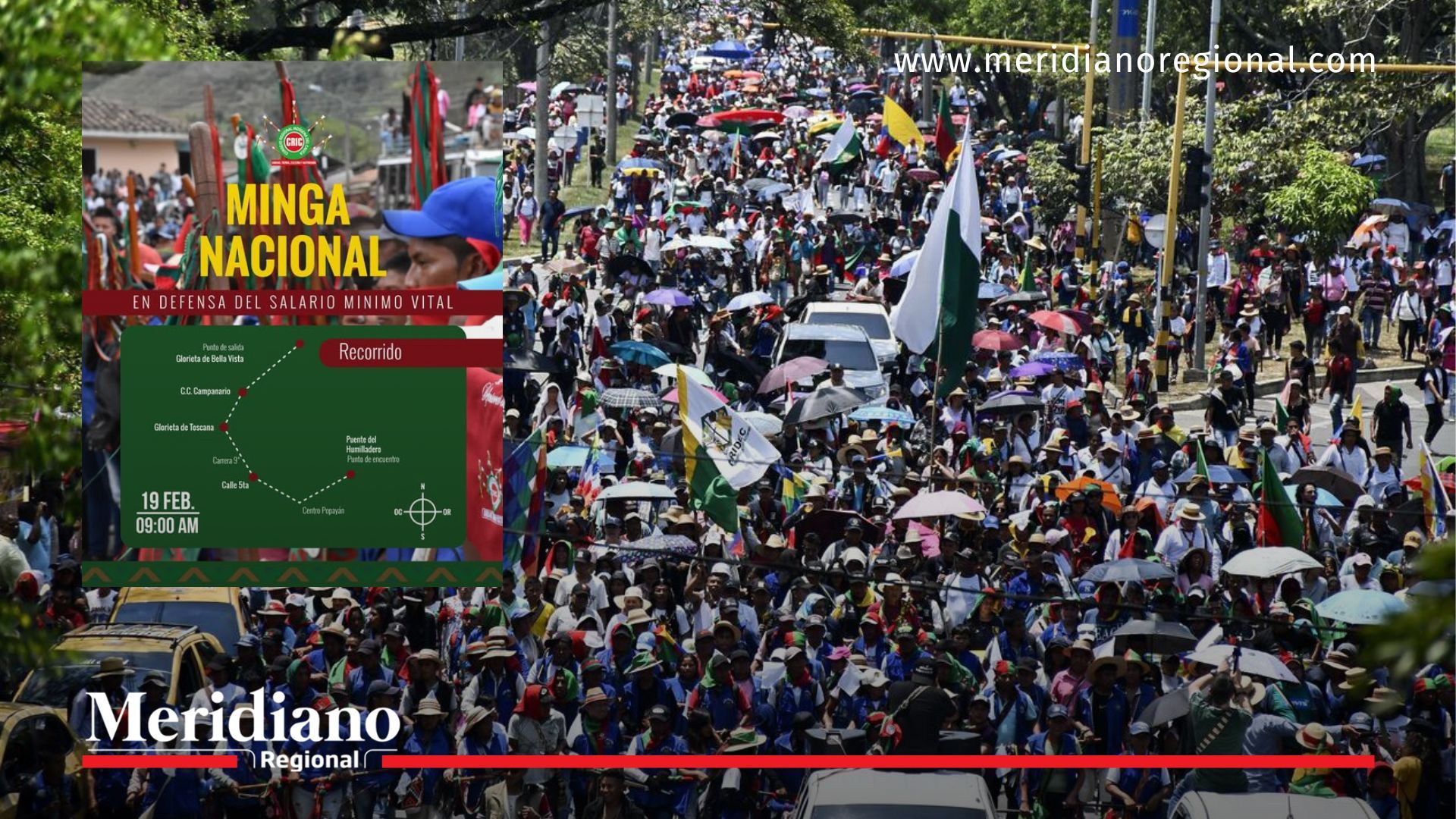 Movilización indígena en Popayán durante la movilización 19 de febrero en Cauca con marchas hacia el centro histórico.