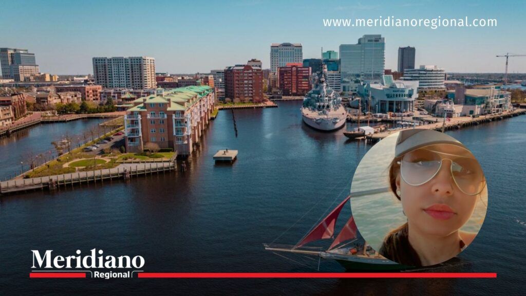 Panorámica de Norfolk Virginia con rostro de Lina María Guerra, colombiana asesinada en EE. UU., investigado como homicidio.