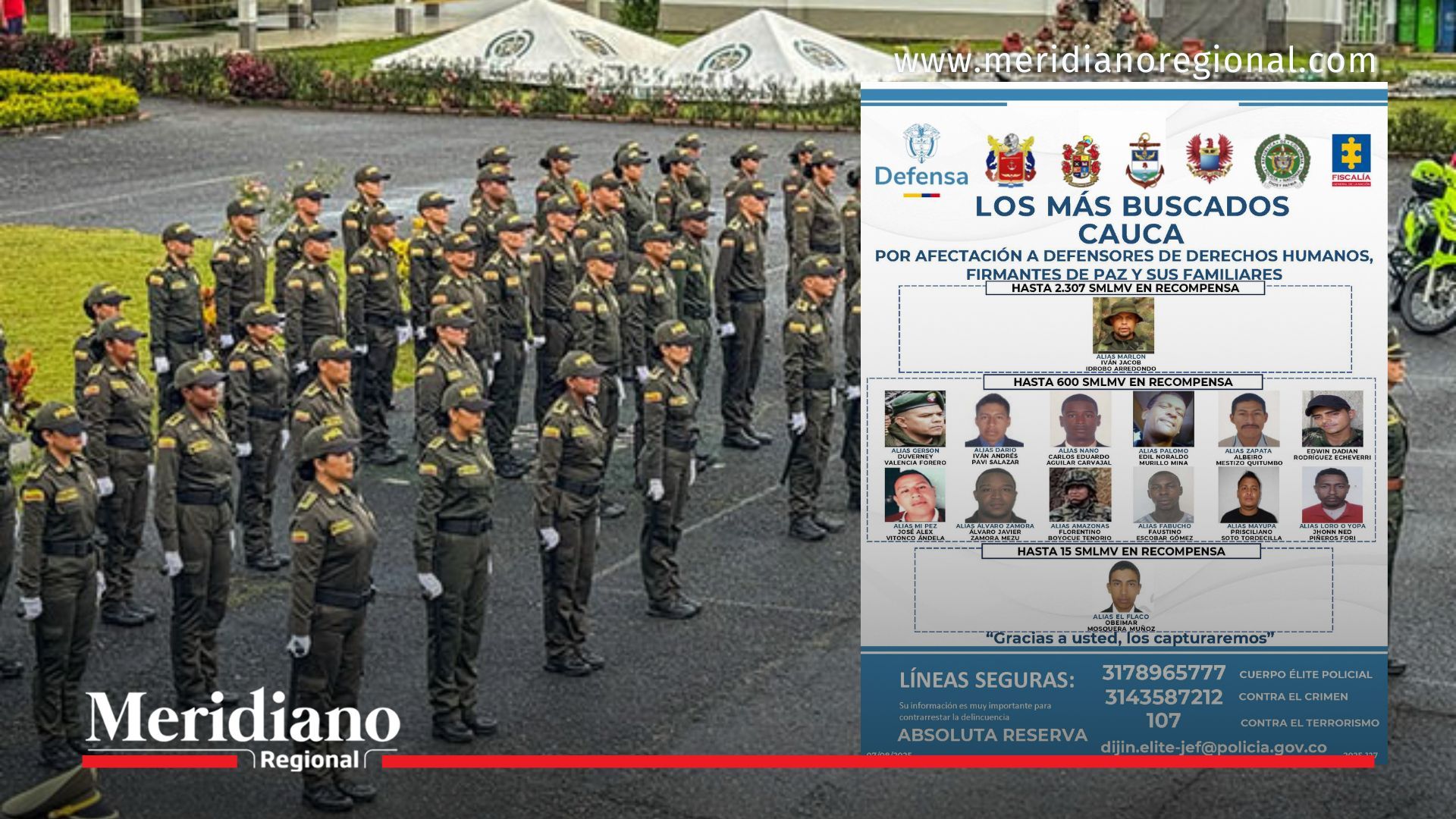 Uniformados de la Policía del Cauca durante acto institucional en el que se presentó el cartel oficial de los más buscados del Cauca dentro de la Operación Themis 2026.