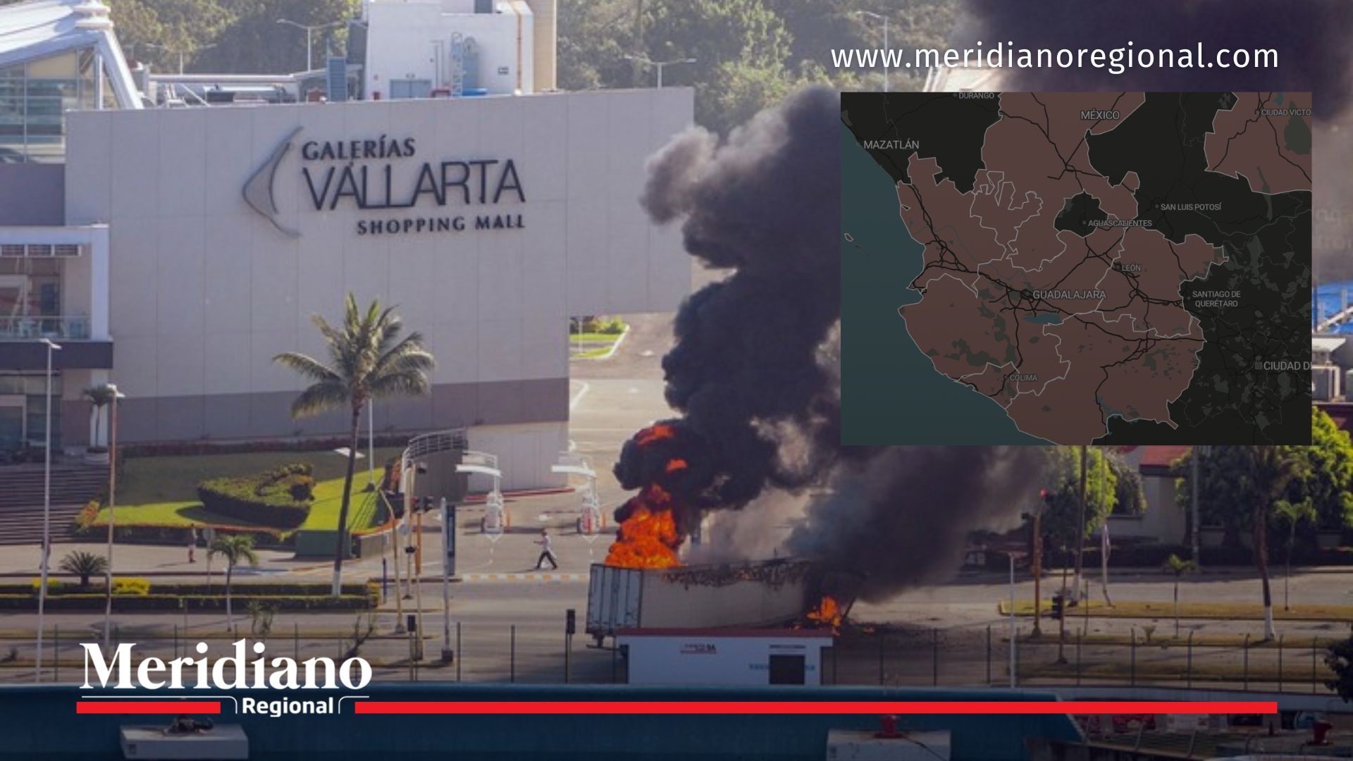 Camión incendiado frente a Galerías Vallarta durante violencia en Puerto Vallarta México