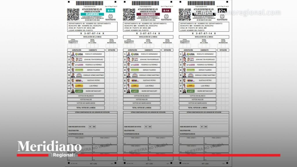 Formulario E-14 utilizado para el diligenciamiento del E-14 por jurados de votación en elecciones Colombia.