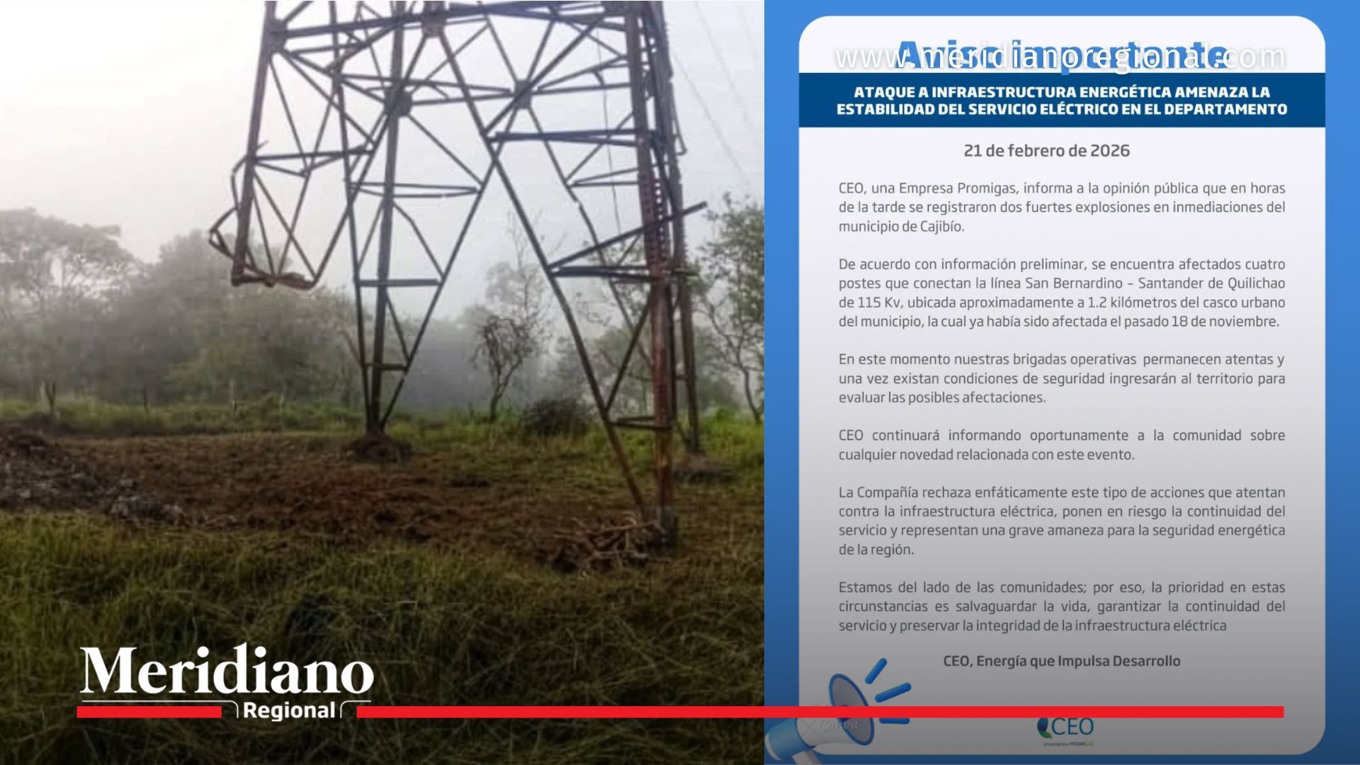 Torre de energía destruida tras ataque a la red eléctrica en Cajibío el 21 de febrero en zona rural del Cauca.