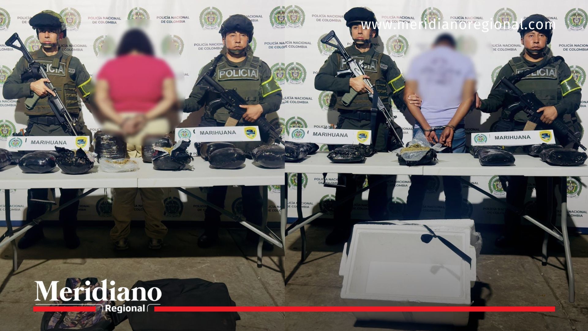 Los dos capturados durante la incautación en la vía Panamericana, junto a los paquetes de marihuana decomisados en el Cauca.