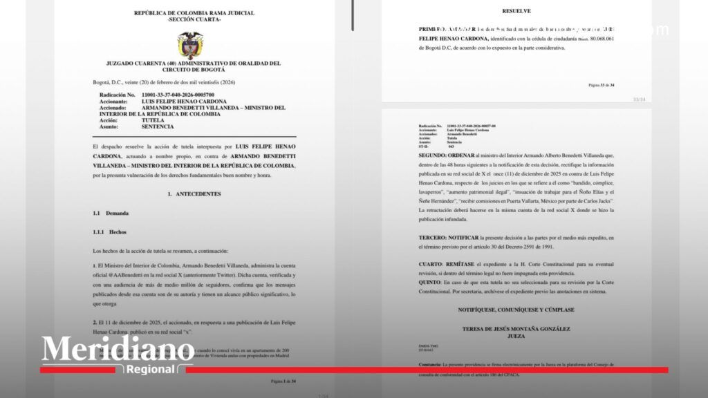 Fallo contra Benedetti emitido por el Juzgado 40 Administrativo de Bogotá que ordena rectificación en X por tutela de Luis Felipe Henao.