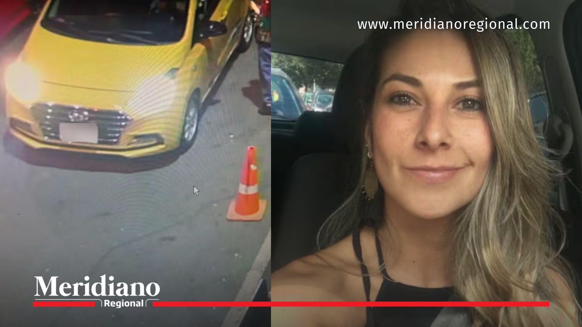 A la izquierda, el taxi que habría sido utilizado en el presunto secuestro de Diana Ospina; a la derecha, fotografía de la mujer localizada tras 36 horas de angustia.