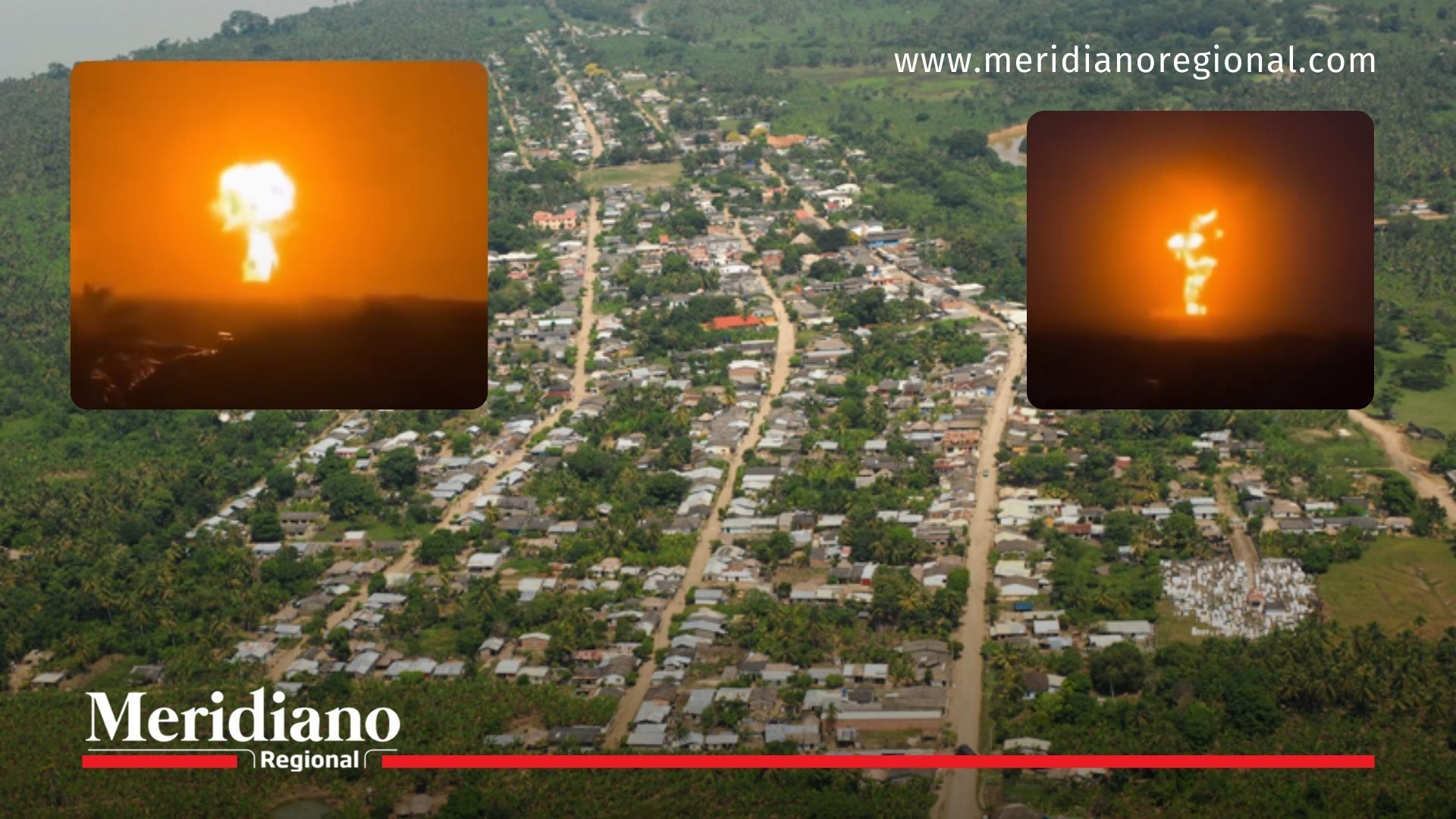 Vista aérea de San Juan de Urabá, Antioquia, donde se registró la erupción del volcán de lodo. En los recuadros, imágenes del momento del fenómeno natural.