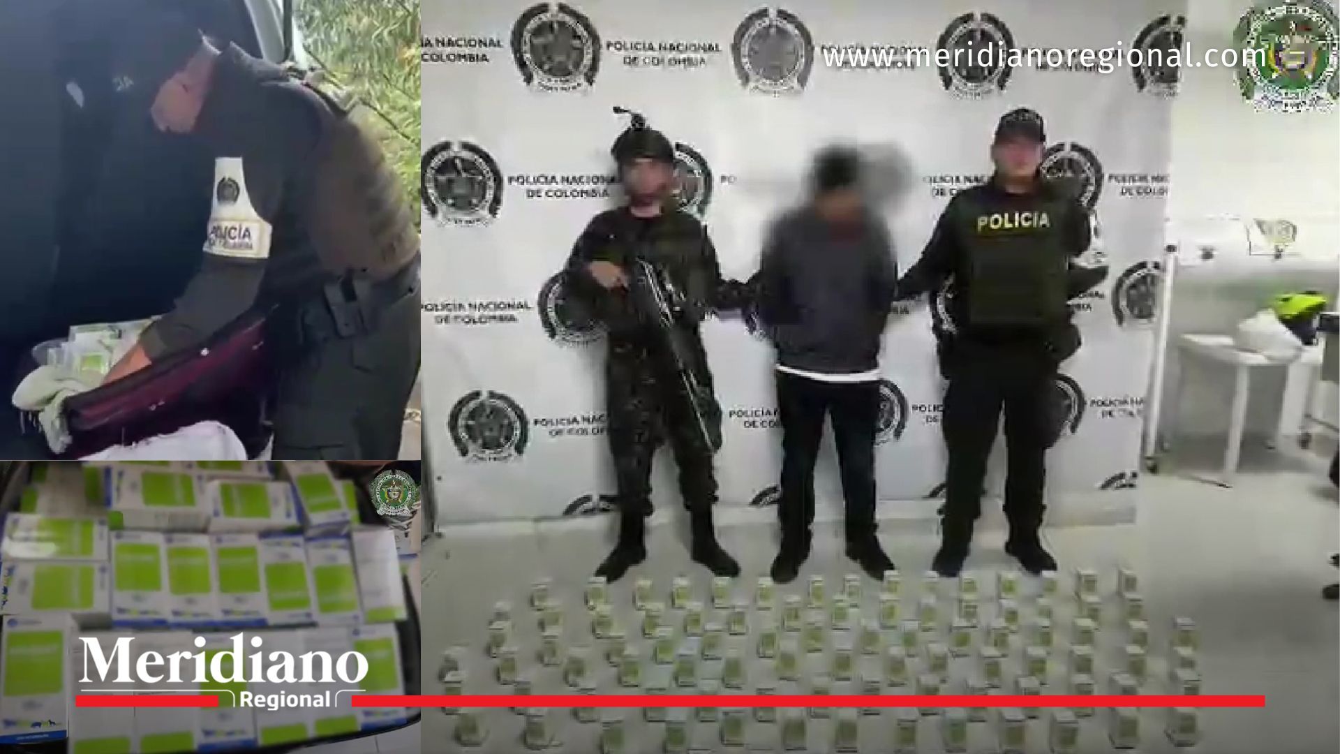 Autoridades presentan al detenido y los frascos de ketamina incautados en Yacuanquer, Nariño, durante operativo contra el contrabando.