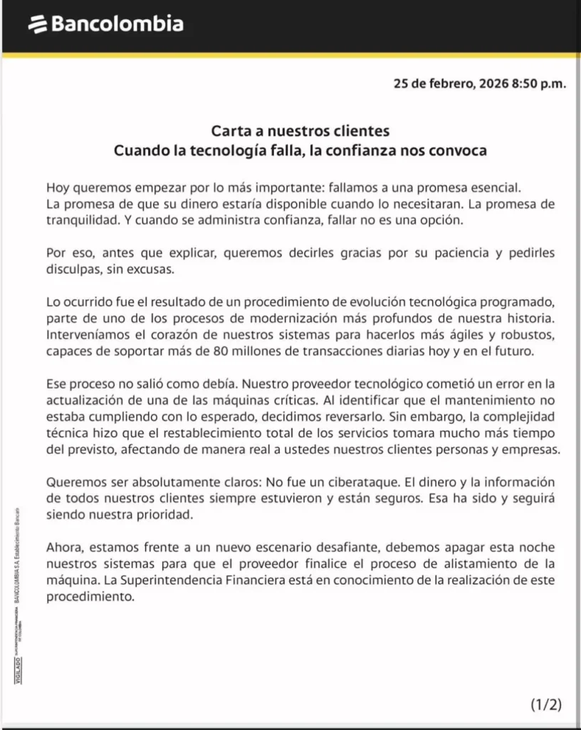 Comunicado oficial de Bancolombia donde apaga servicios por falla tecnológica y descarta ciberataque el 25 de febrero de 2026.