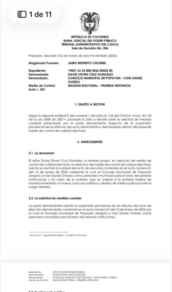 Fallo del Tribunal sobre personero de Popayán - Meridiano Regional fallo Tribunal Administrativo del Cauca suspensión personero de Popayán nulidad electoral Iván Daniel Oviedo
