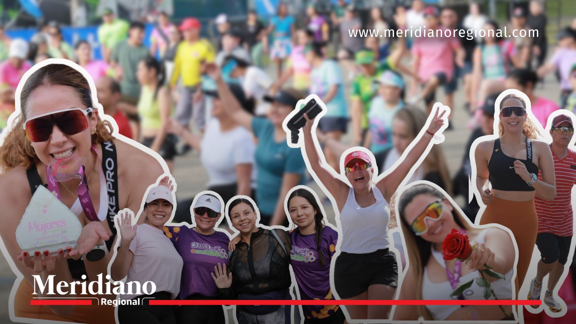 Collage del evento Mujeres en Comunidad en Popayán con mujeres realizando actividad deportiva, posando con medallas y participando en dinámicas grupales.
