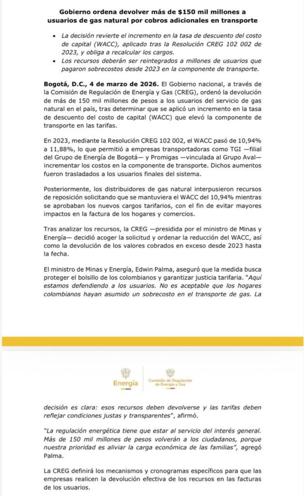 Comunicado oficial del Gobierno Nacional y la Comisión de Regulación de Energía y Gas (CREG) donde se anuncia la devolución de más de 0 mil millones a usuarios del servicio de gas natural en Colombia tras la revisión de los cargos por transporte aplicados desde 2023.