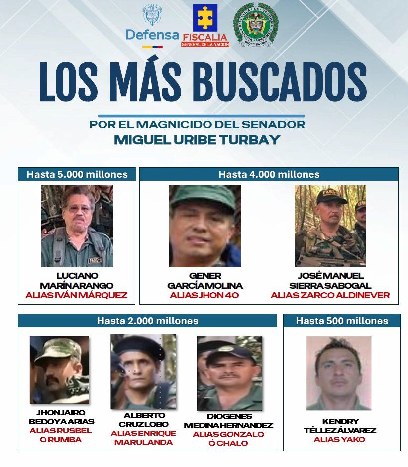 Magnicidio Miguel Uribe cartel de los más buscados - Meridiano Regional magnicidio miguel uribe - segunda marquetalia - cartel mas buscados colombia - ordenes de captura - noticias colombia