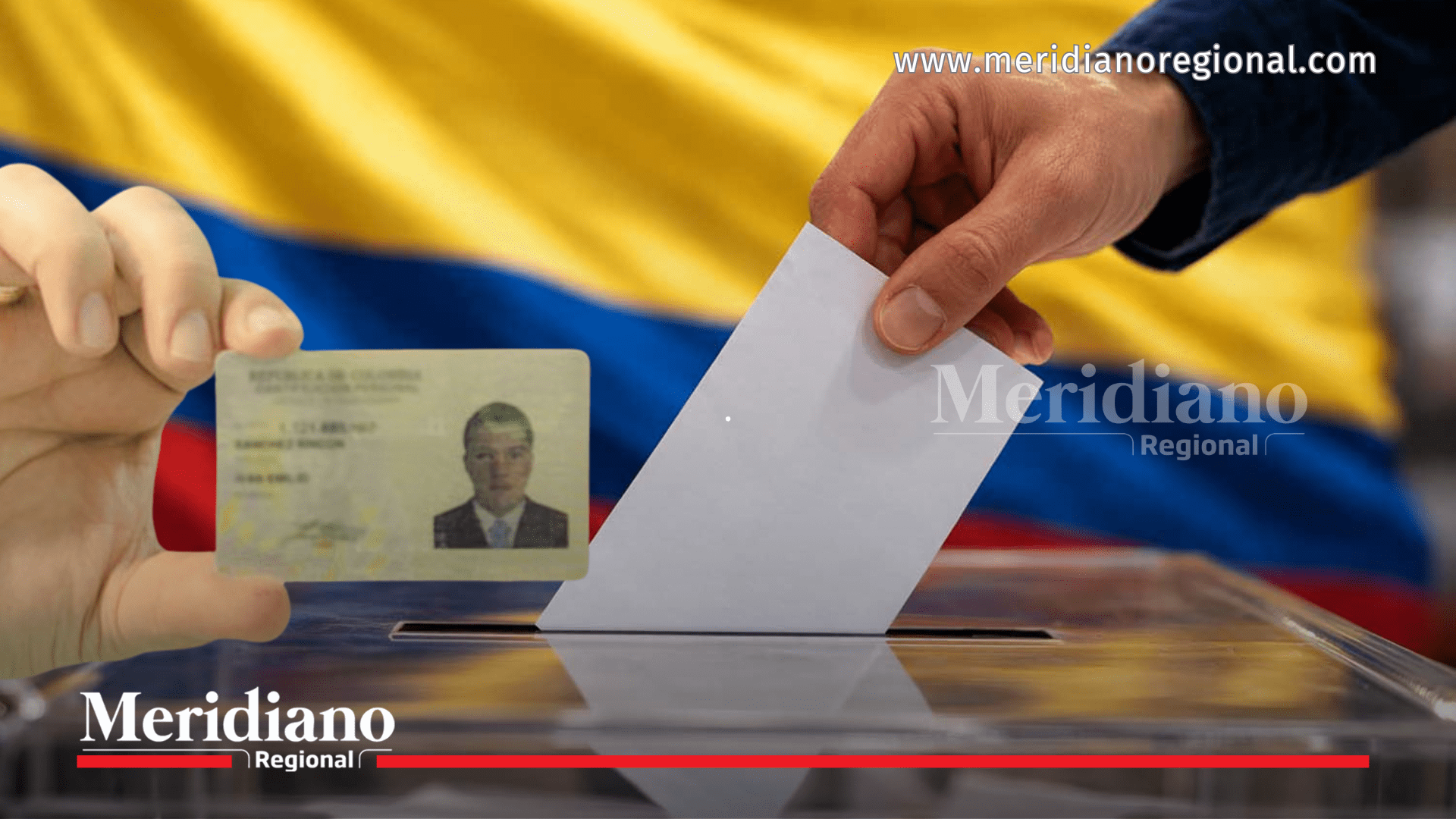 Ciudadano deposita su voto mientras sostiene su cédula en jornada electoral en Colombia.