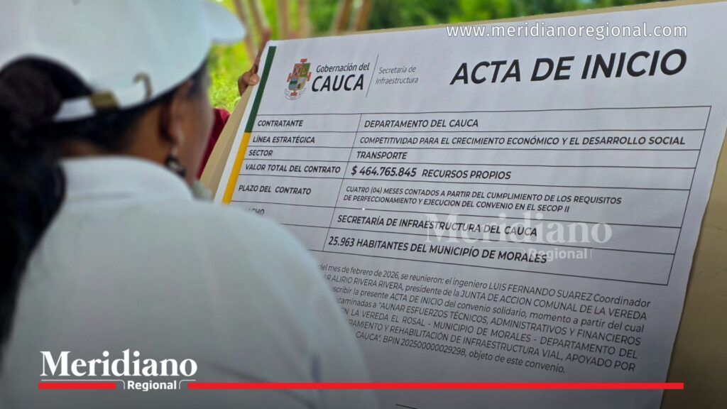 Acta de inicio placa huella Morales firmada por la Gobernación del Cauca para mejorar infraestructura vial en zona rural.