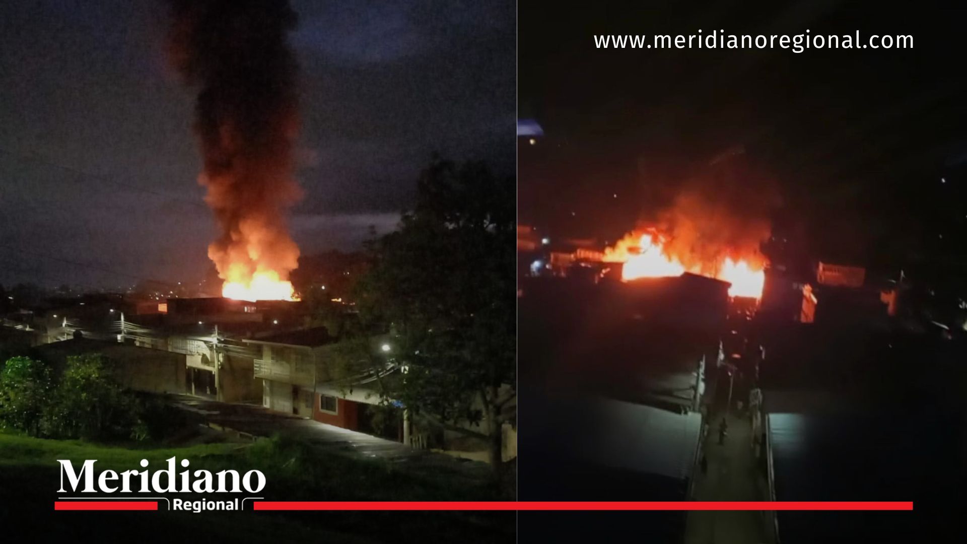Incendio en Popayán con gran columna de humo visible desde otro barrio durante la madrugada.