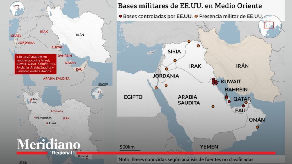 Mapa de bombardeos y bases militares en Medio Oriente por la guerra entre EE.UU., Israel e Irán - Meridiano Regional Mapa de bombardeos en Irán y bases militares en Medio Oriente por la guerra entre EE.UU., Israel e Irán