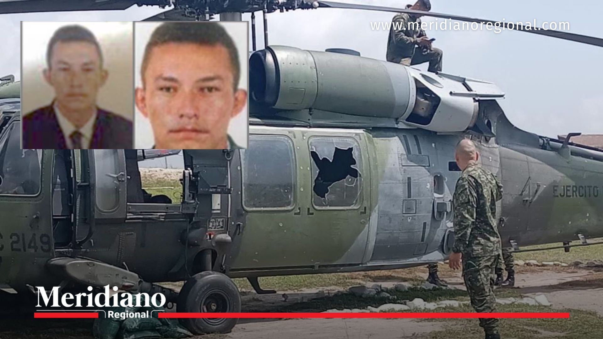 Helicóptero del Ejército Nacional con daños visibles tras el ataque con drones en San Lucas, hecho atribuido por las autoridades a alias Arbey.