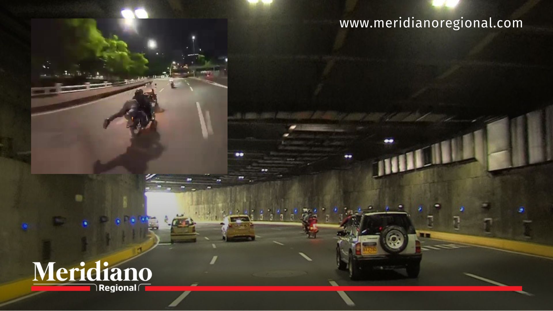piques ilegales en Cali dentro del Túnel Mundialista con motociclista realizando maniobra extrema a alta velocidad