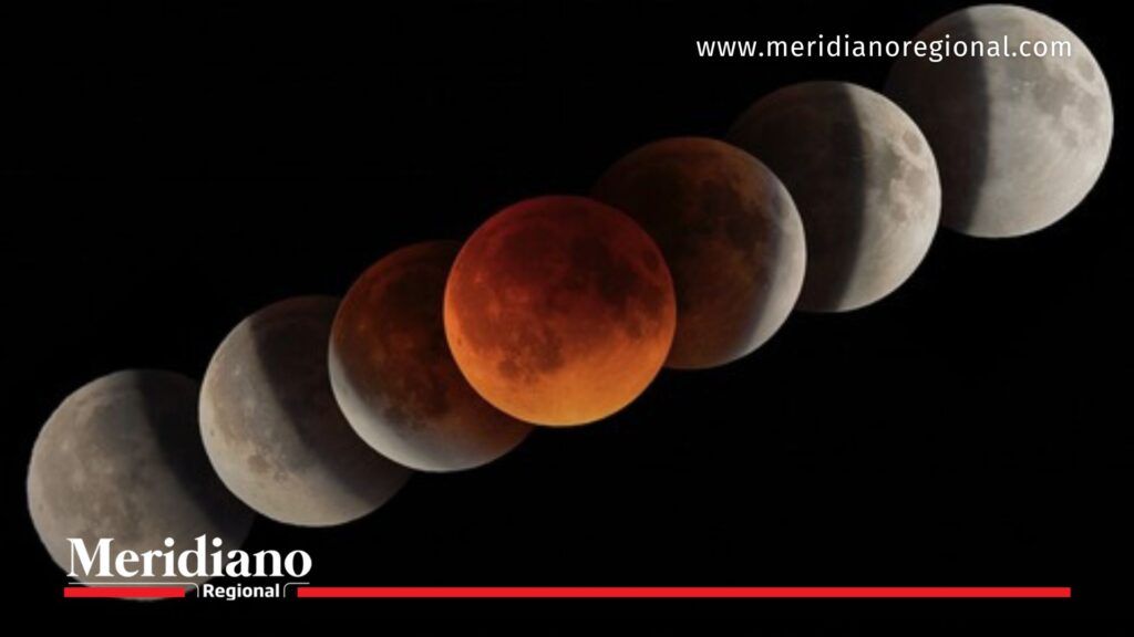 Imagen de referencia que muestra las diferentes fases del eclipse lunar en Colombia el 3 de marzo de 2026. Se observa el proceso progresivo desde la Luna llena iluminada, el avance de la sombra terrestre durante la fase parcial y el característico tono rojizo en la etapa de totalidad, conocido como luna de sangre. Esta secuencia ayuda a comprender por qué en el país no se logró apreciar completamente la fase total debido a la salida del Sol y la baja altura de la Luna en el horizonte occidental.