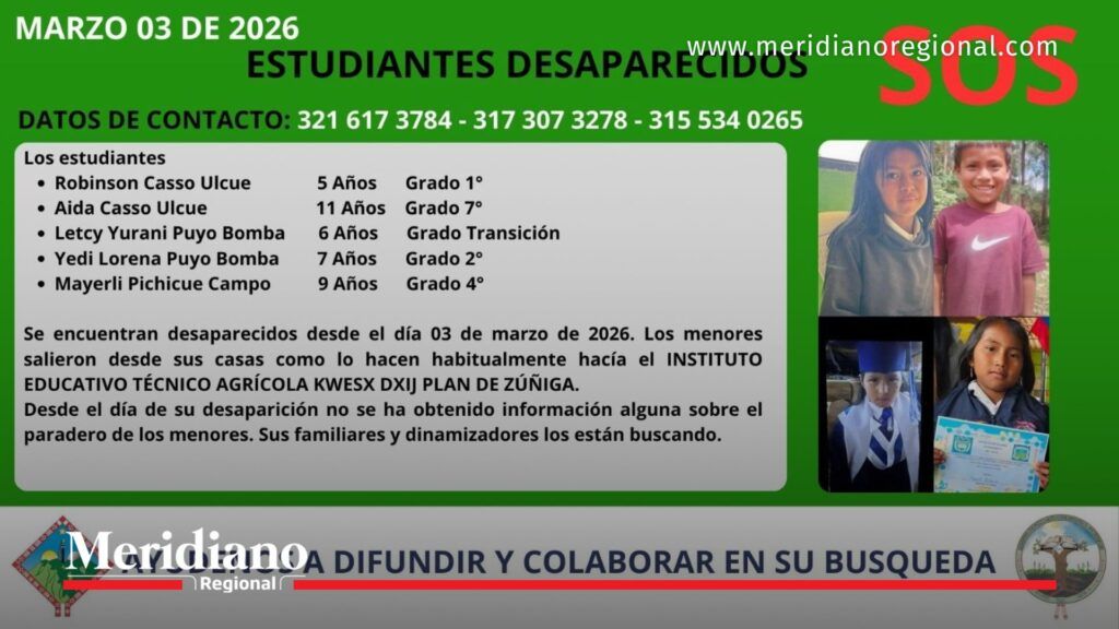 Niños desaparecidos en Caldono alerta del cabildo indígena - Meridiano Regional Cartel de búsqueda de cinco niños desaparecidos en Caldono Cauca difundido por el cabildo indígena del territorio San Lorenzo