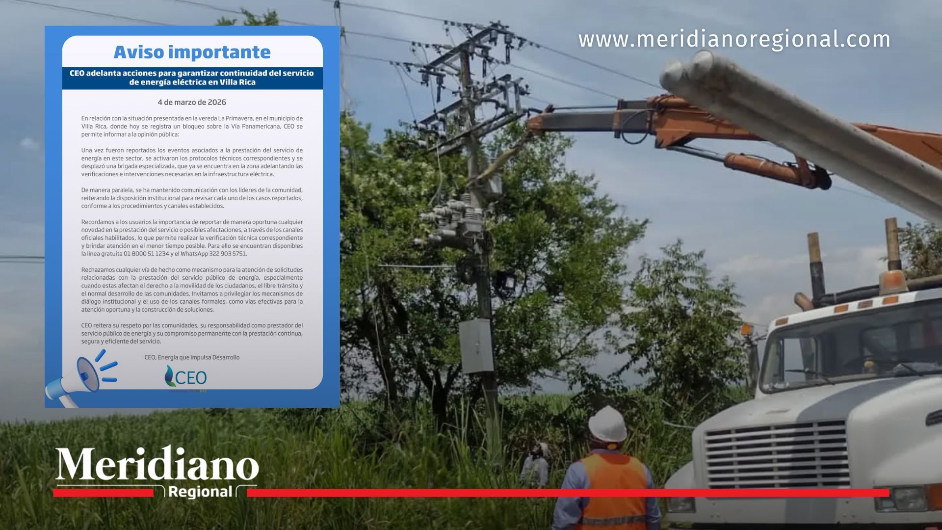 CEO energía Cauca realiza reparaciones en red eléctrica tras protestas por fallas de energía en Villa Rica