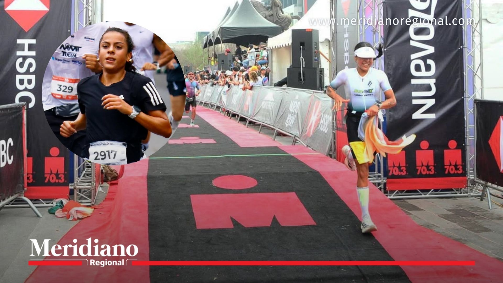 La triatleta colombiana Verónica Pérez, de Tuluá, Valle del Cauca, cruza la meta del IRONMAN 70.3 Monterrey, donde ganó su categoría 18-24 años y terminó quinta en la general femenina.