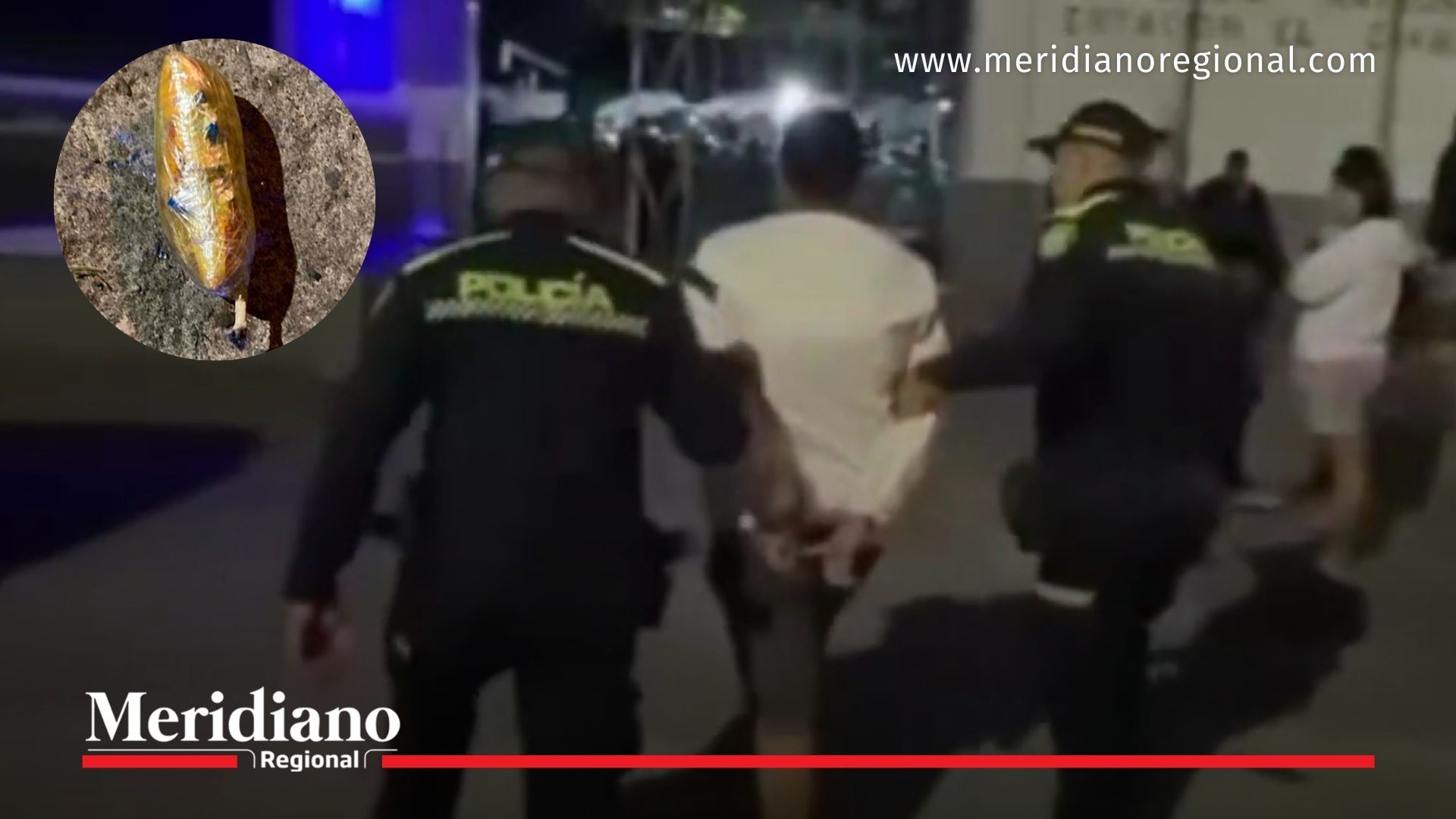 Momento en que unidades de la Policía Metropolitana de Cali trasladan al joven capturado por transportar un explosivo artesanal en el oriente de la ciudad.