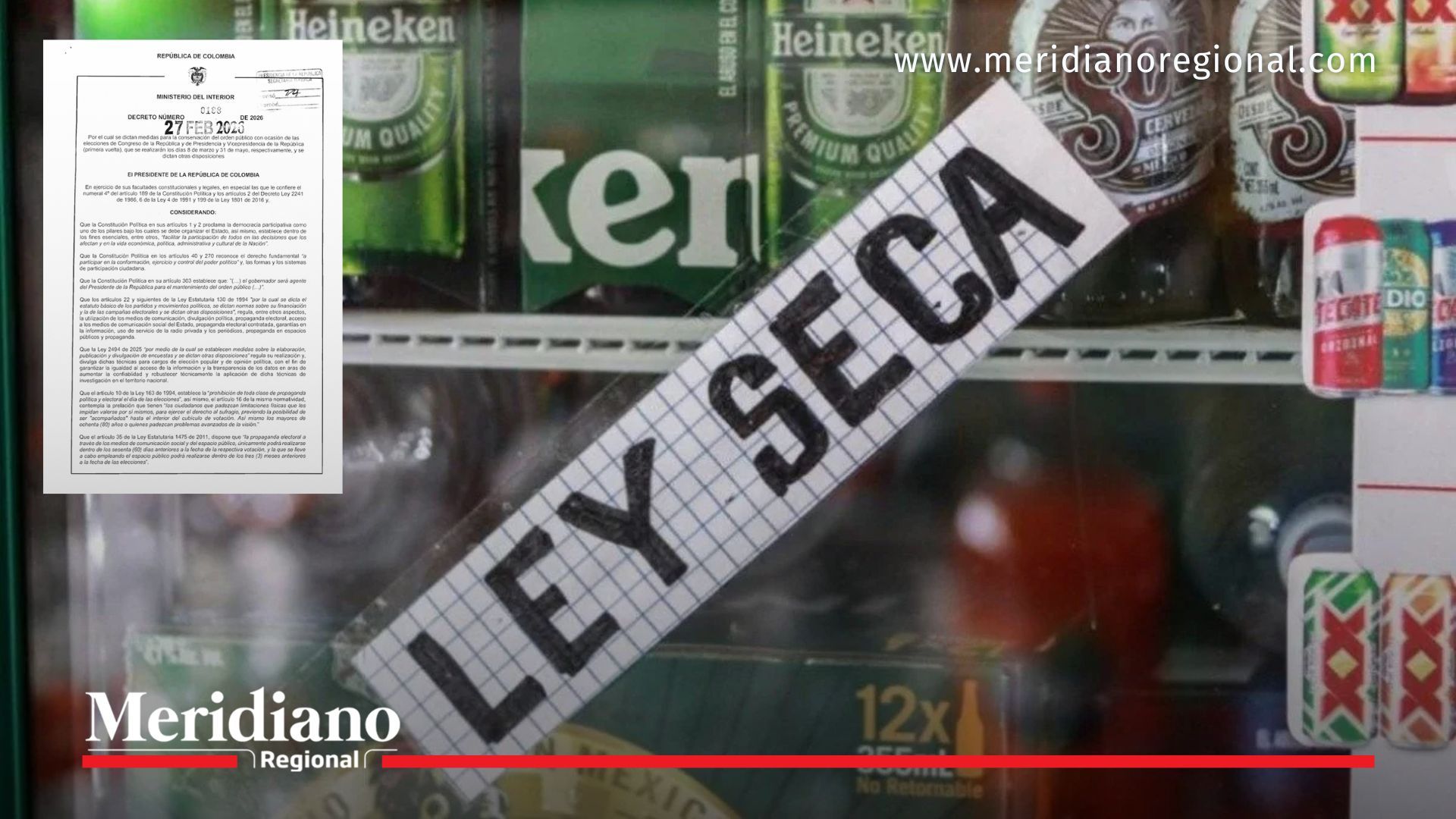 Establecimiento comercial exhibe aviso de ley seca como parte de las medidas adoptadas por el Gobierno para garantizar el orden público durante las elecciones en Colombia.