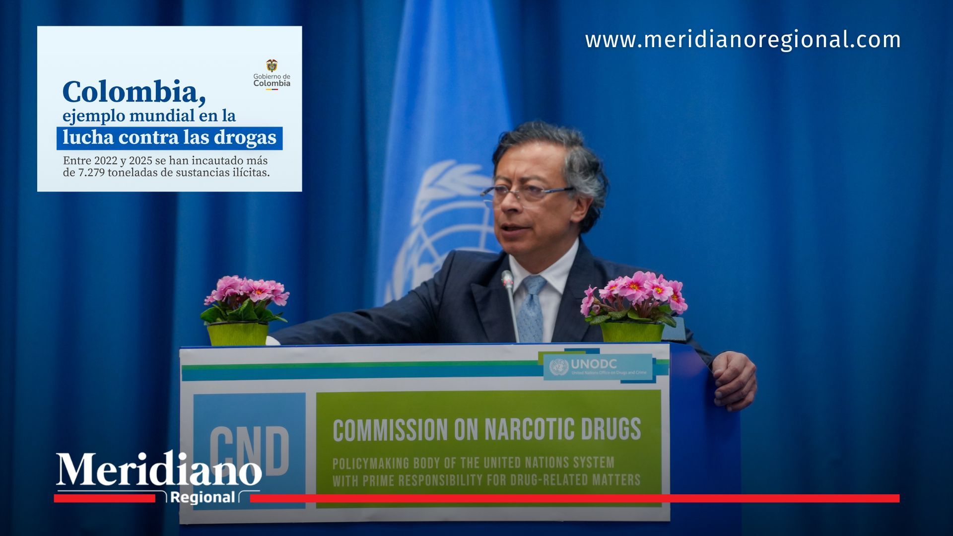 El presidente Gustavo Petro durante su intervención en la Comisión de Estupefacientes de las Naciones Unidas, donde defendió la política antidrogas Colombia.