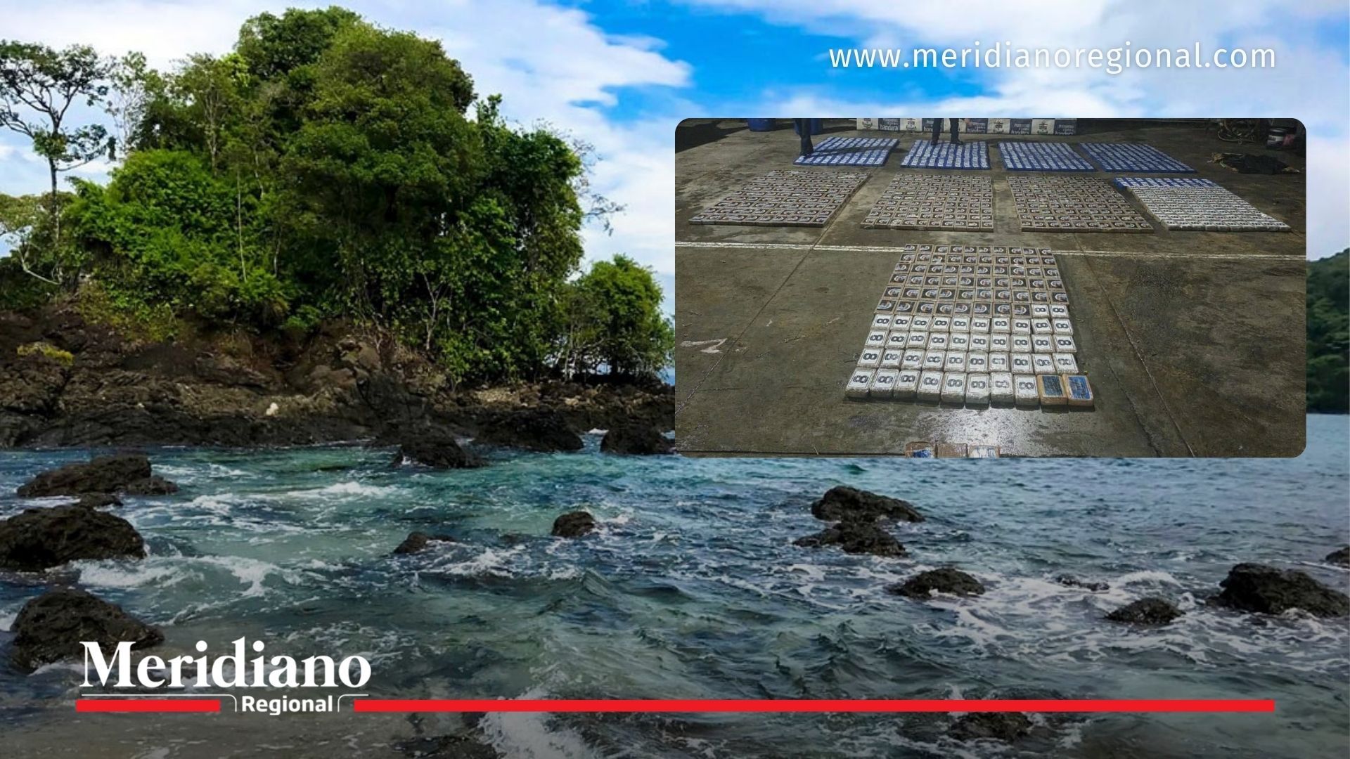 Imagen del Pacífico colombiano con fotografía del cargamento de cocaína incautado por la Armada durante un operativo contra el narcotráfico.