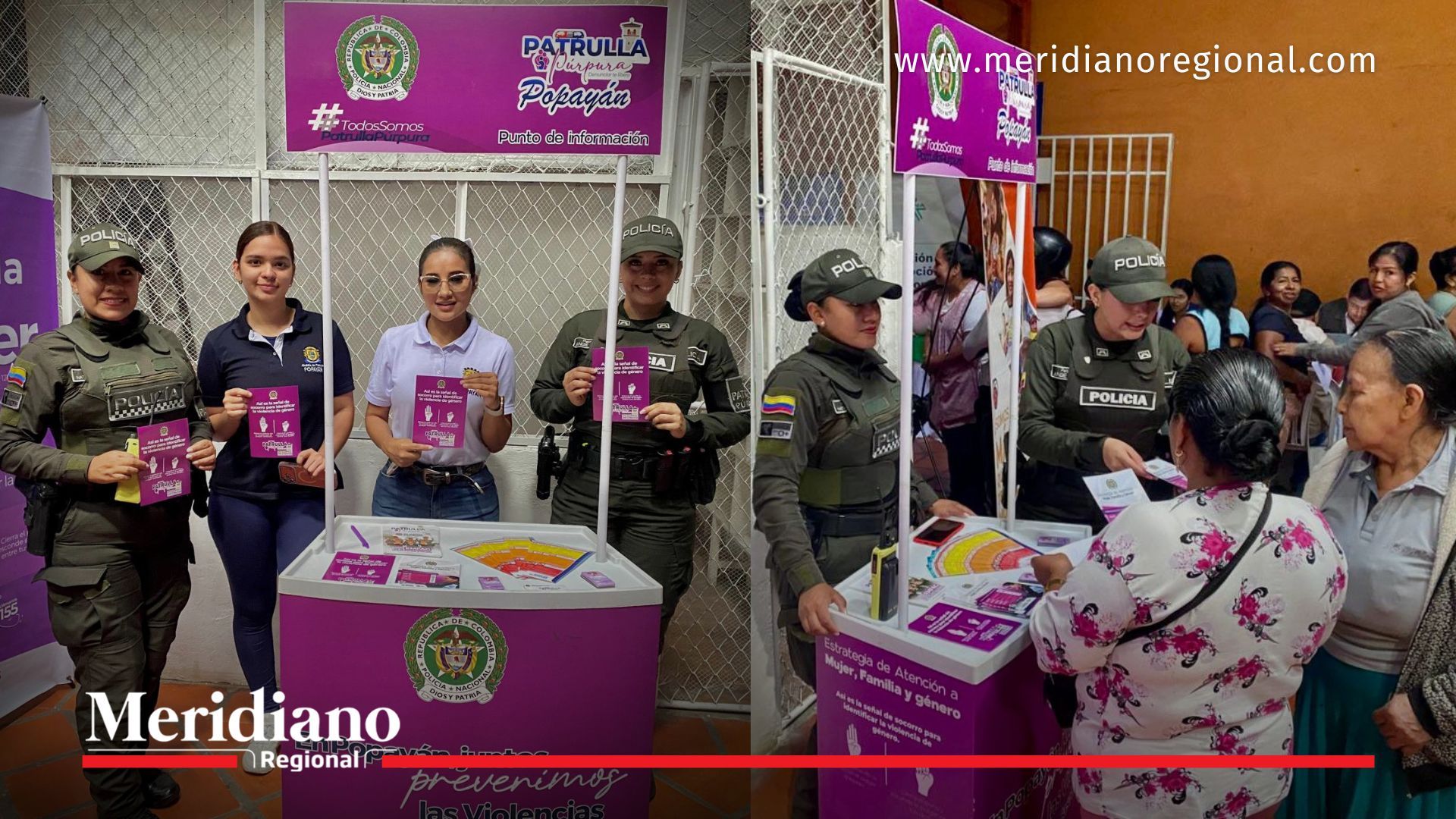 Integrantes de la Patrulla Púrpura de la Policía Nacional brindan orientación a ciudadanos sobre prevención de violencias basadas en género durante una jornada institucional en la galería La 13 de Popayán.