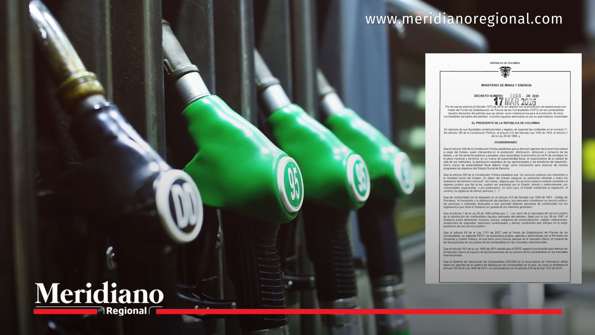 Surtidores de combustible en una estación de servicio, referencia del mercado de diésel en Colombia tras la eliminación del subsidio al diésel industrial.