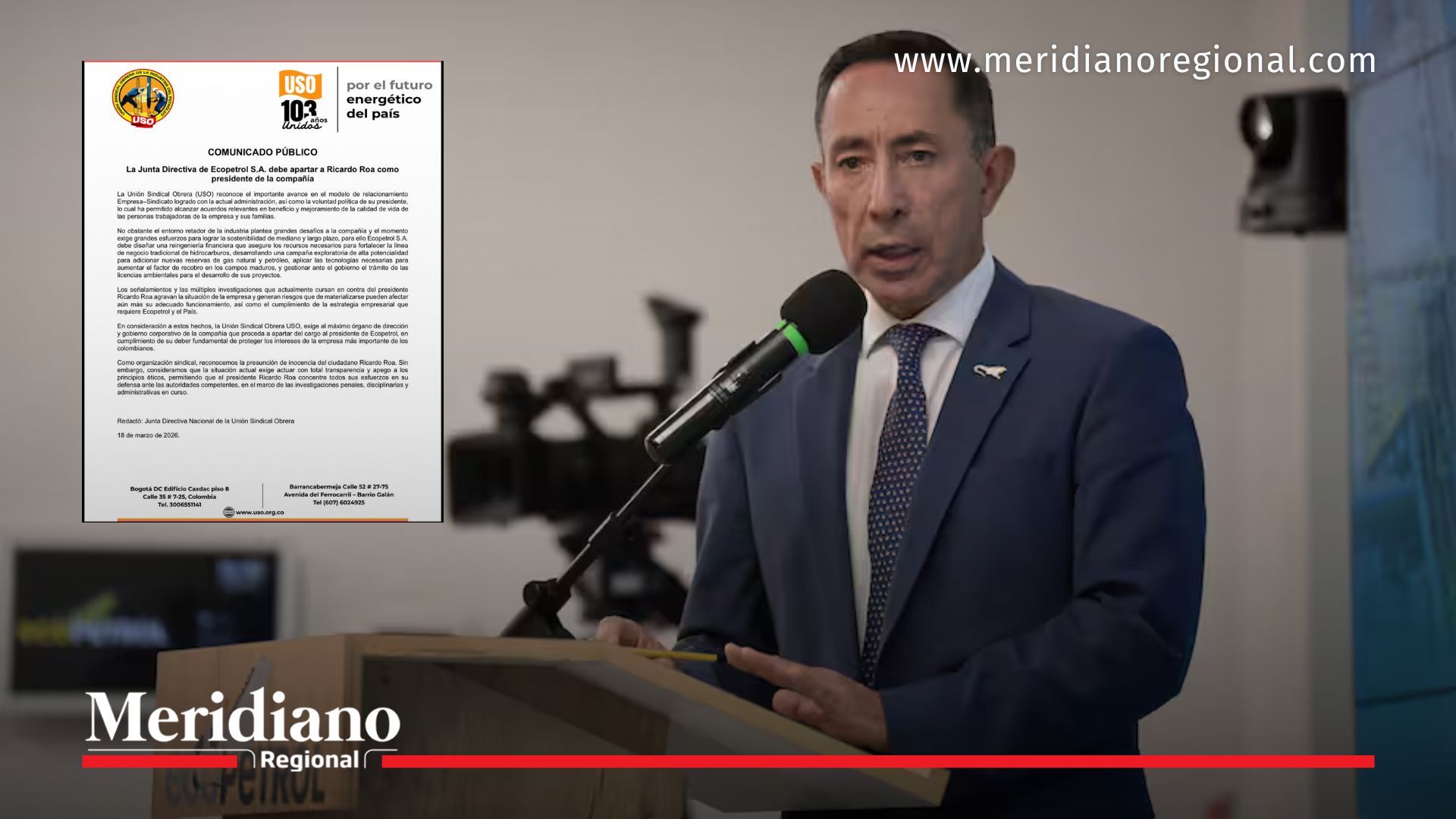 Ricardo Roa durante intervención pública, mientras la USO solicita su salida de Ecopetrol en medio de investigaciones.