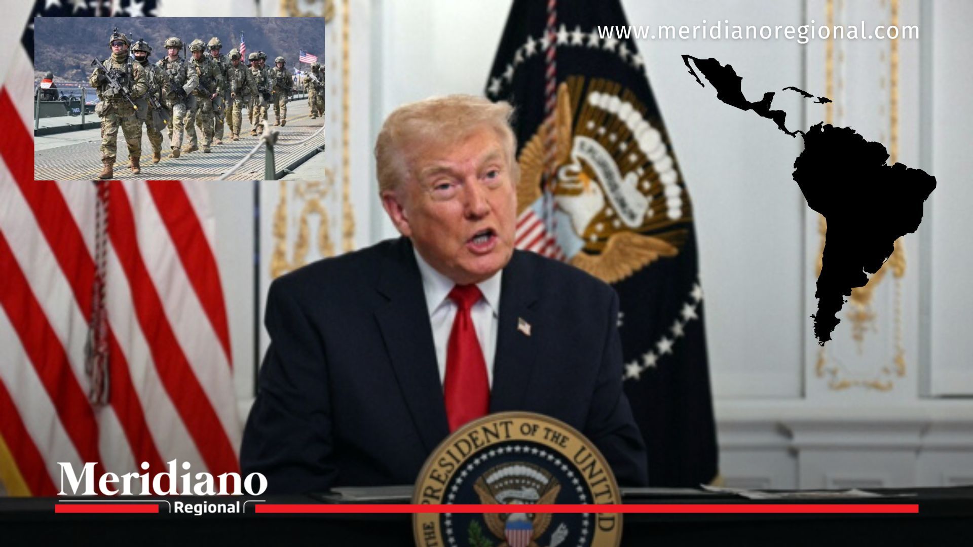 Plan militar EE.UU. con Trump, soldados y mapa de América Latina