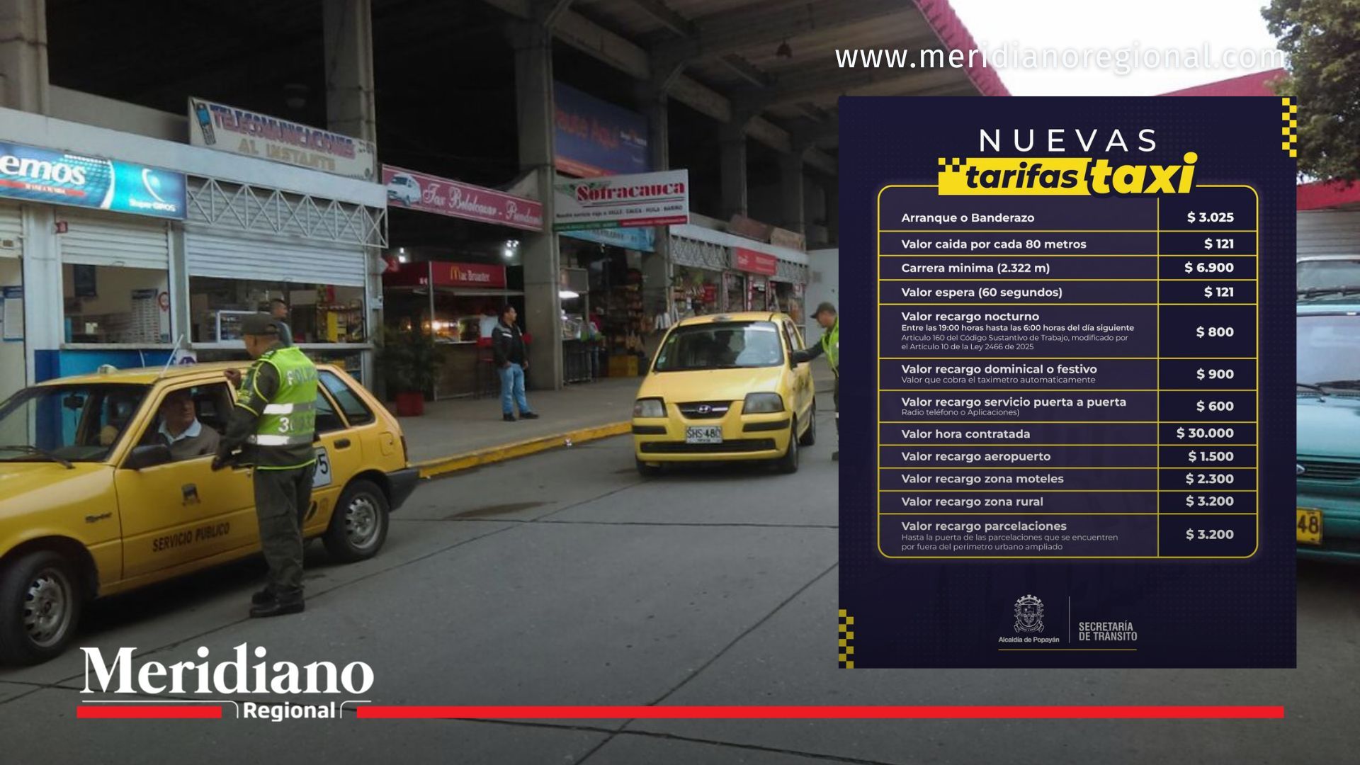Taxis en la terminal de Popayán con autoridades durante cambio de tarifas de taxi en Popayán 2026