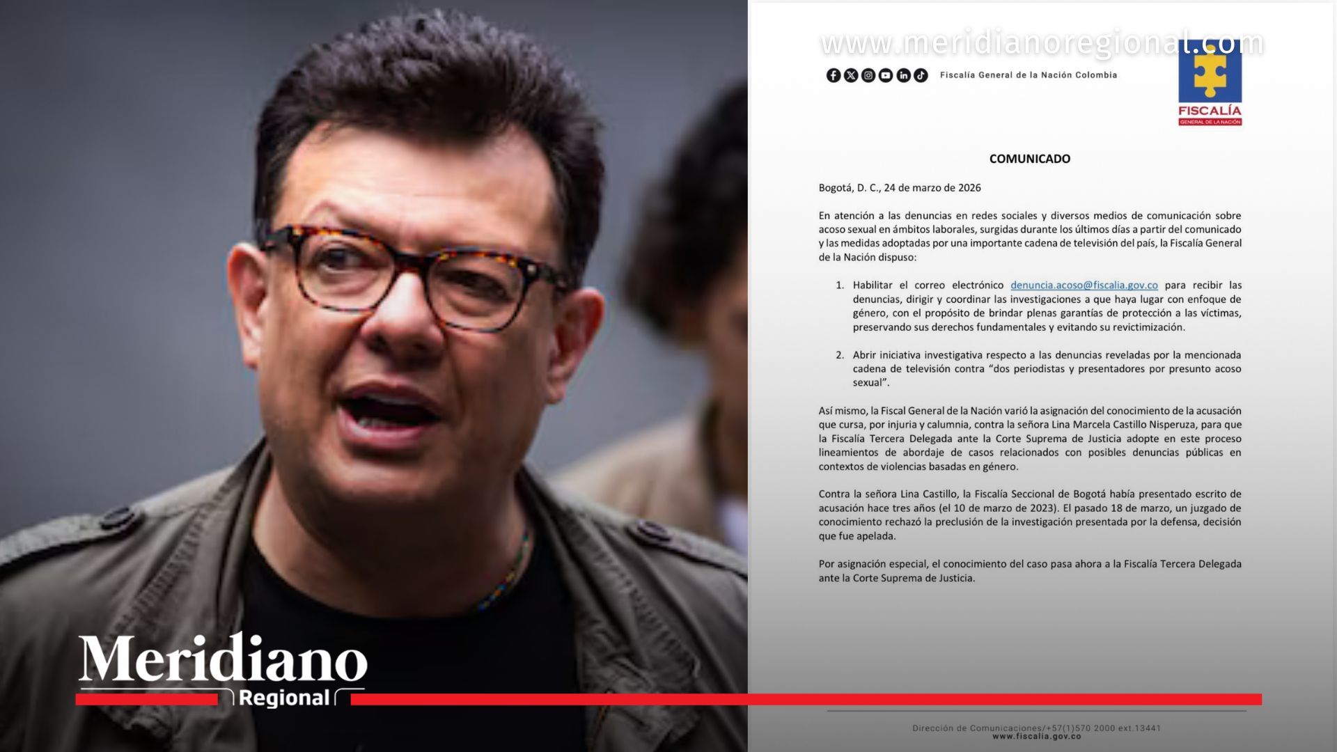 Hollman Morris junto al comunicado oficial de la Fiscalía que anuncia cambios en el proceso relacionado con Lina Castillo.